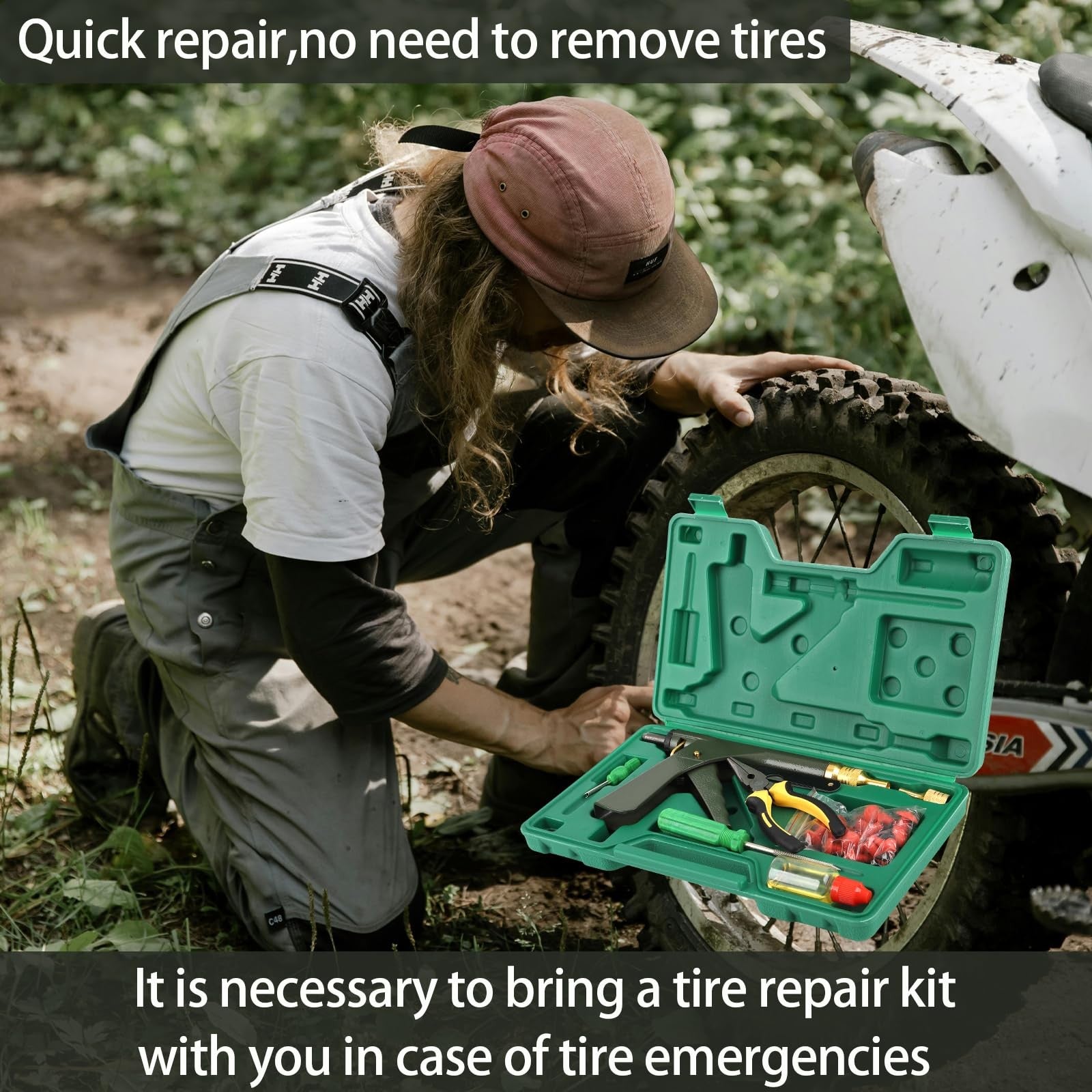 Finafedom tire repair kit with mushroom plugs and patches, including tools for fixing punctured car tires.