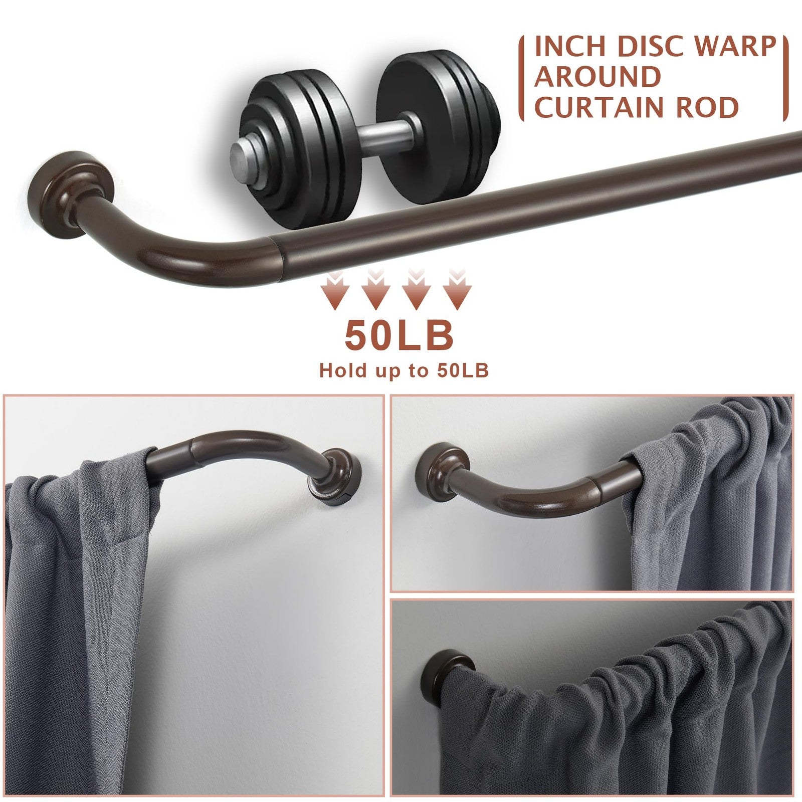Dark bronze Lwiiom 2-pack 1-inch disc curtain rods for windows, 28 to 48 inches, with visible curtain mounting hardware.