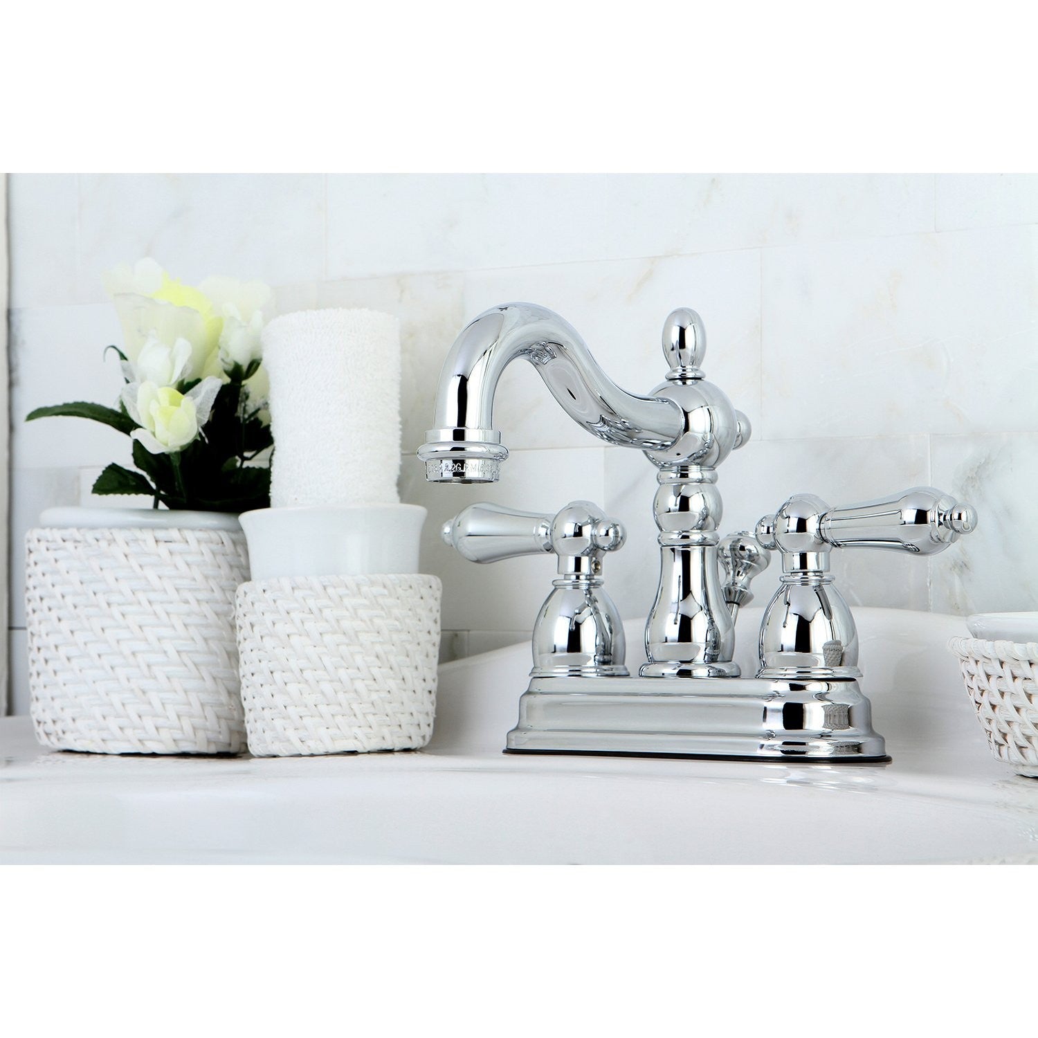 Kingston Brass Heritage 4-inch centerset lavatory faucet with metal lever handle, chrome finish, and classic design.