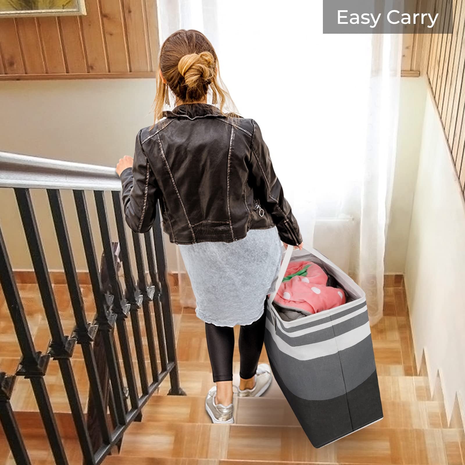 HomeHacks 4-pack large waterproof laundry baskets with sturdy frames and handles, perfect for organizing laundry in any space.