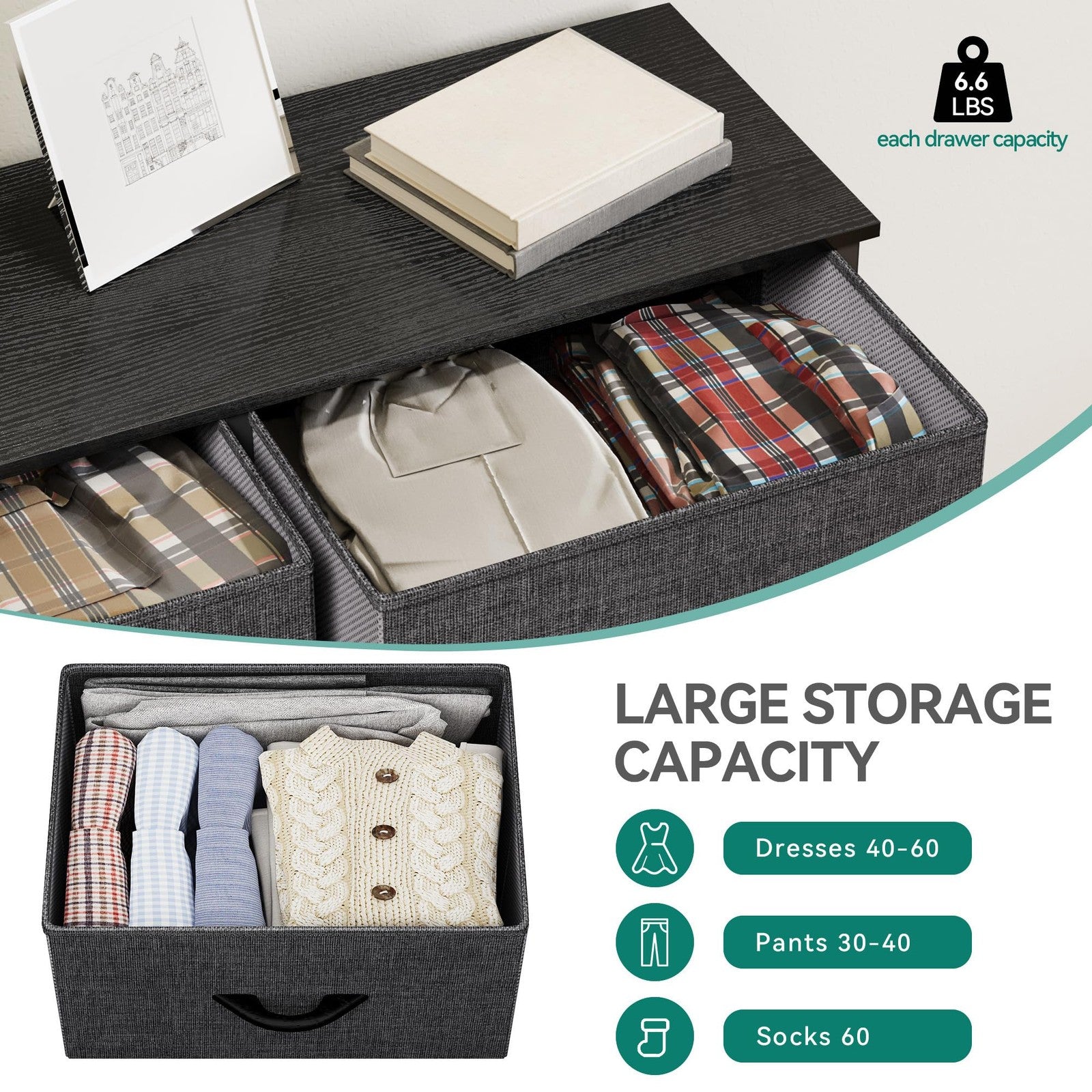 YITAHOME bedroom dresser with five wide fabric drawers for storage, featuring a sleek design and organized interior.