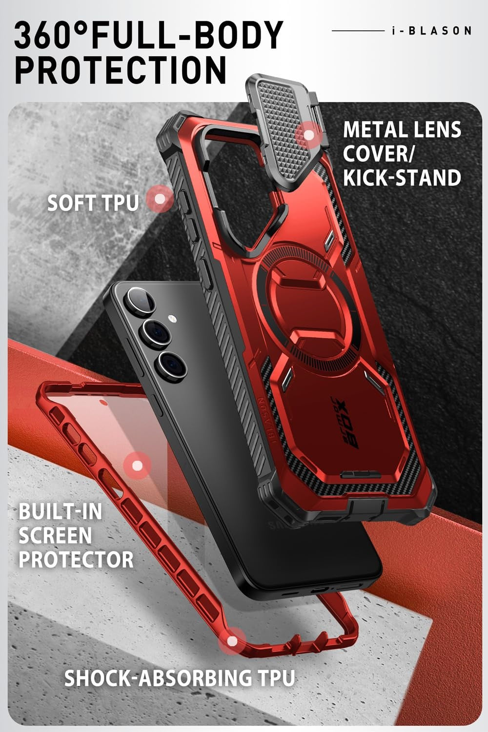 i-Blason S24 case with built-in screen protector, camera cover, stand, and MagSafe compatibility for iPhone.