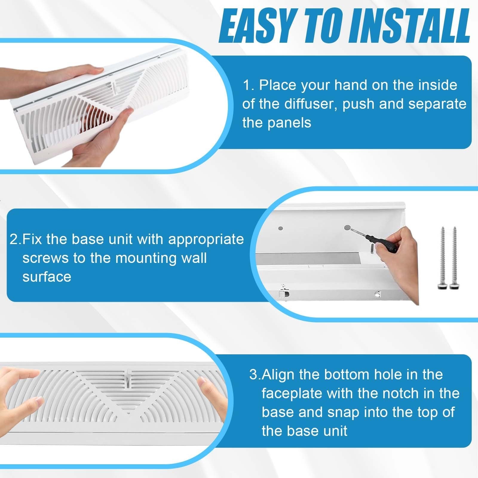 Swess 4-piece set of 15-inch white baseboard register vents for air diffusers, designed for heating and cooling systems.