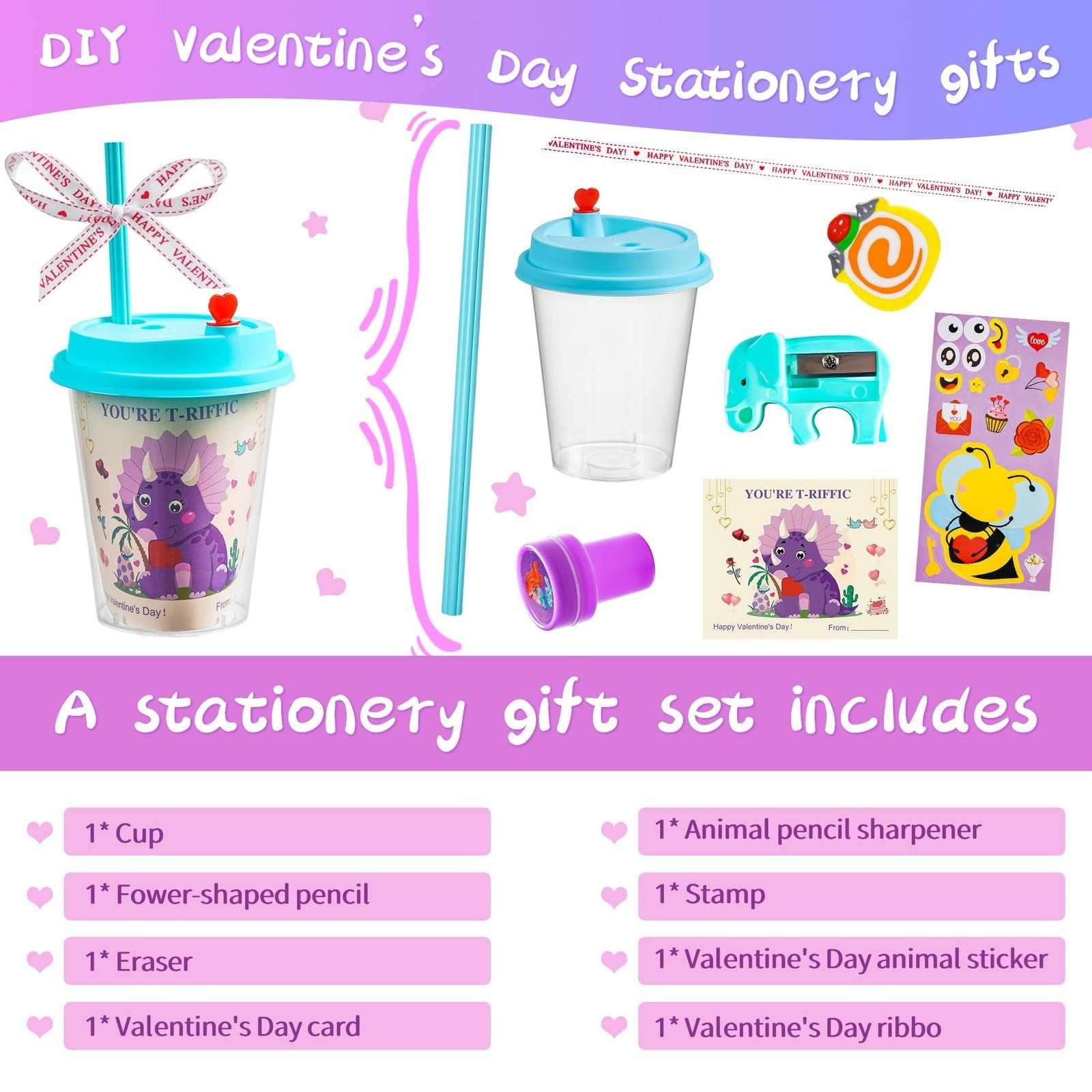 24-pc Valentine’s Day Gifts for Kids classroom stationery set with pastel mugs, cards, stickers, erasers, pencils, sharpeners, stamps, and ribbons