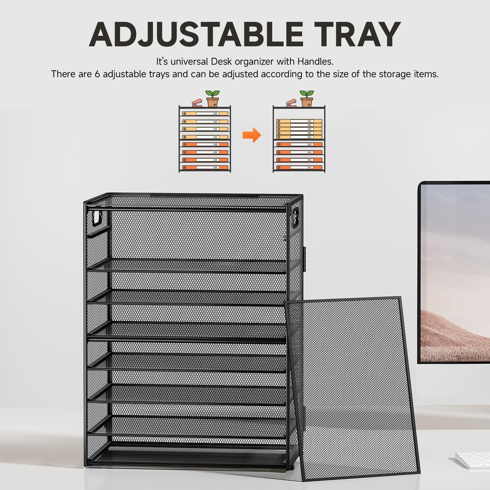 SUBEKYU 9-tier black metal mesh paper organizer desk file tray with multiple compartments for document storage.