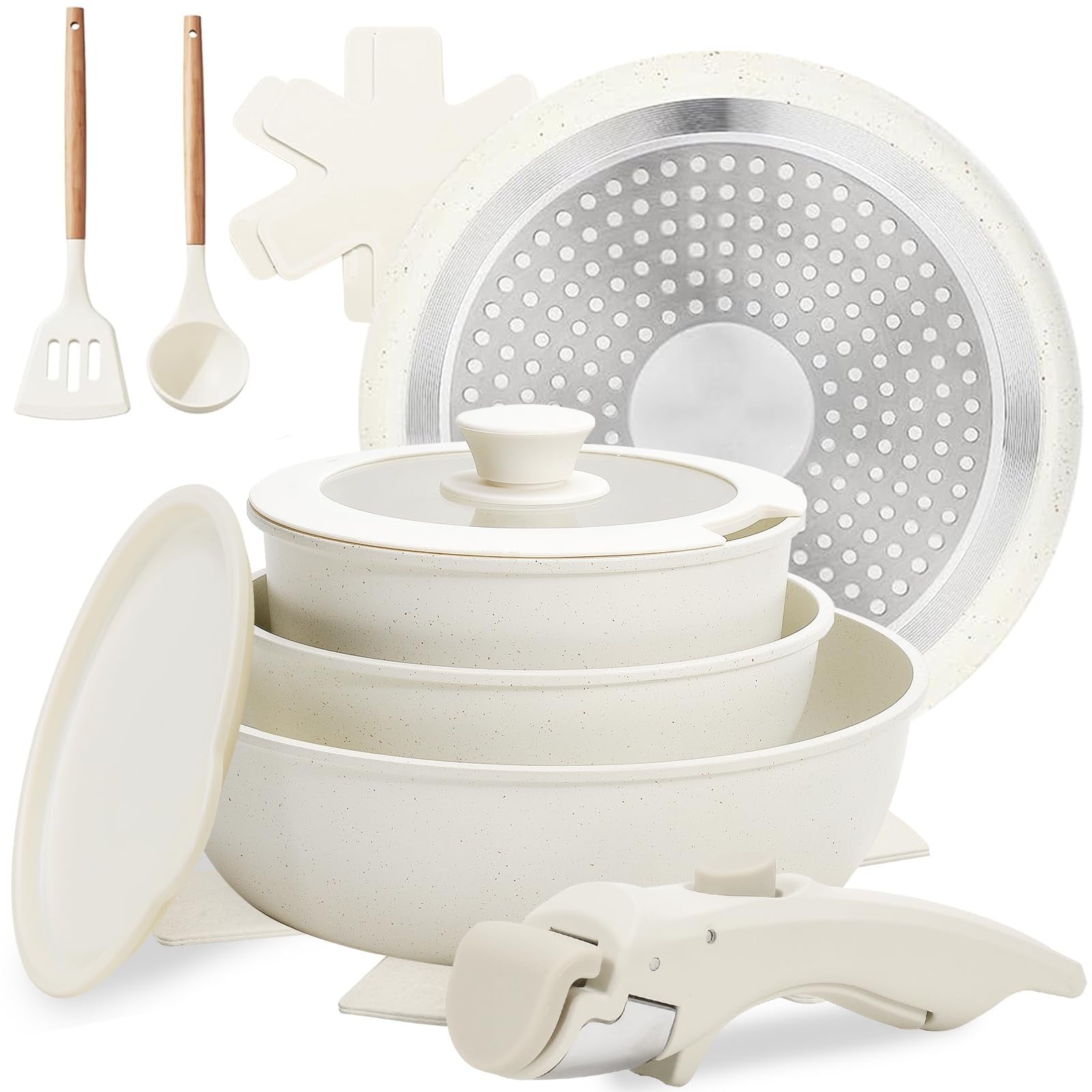 Numola 10-piece non-stick ceramic cookware set with detachable handles, including pots and pans, displayed in a kitchen setting.