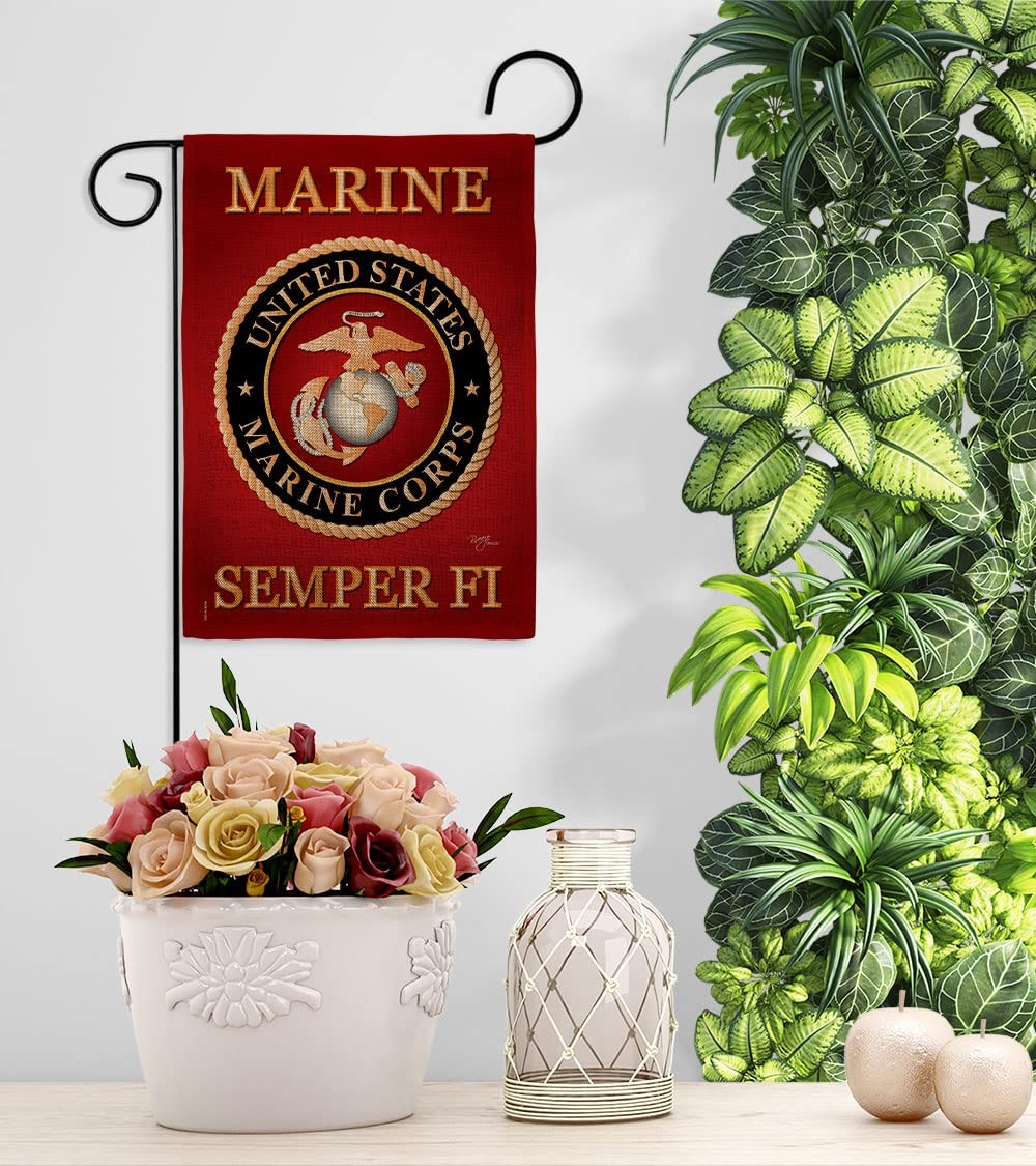 Marine Corps burlap garden flag by Breeze Decor featuring USMC emblem and armed forces design with a stand.