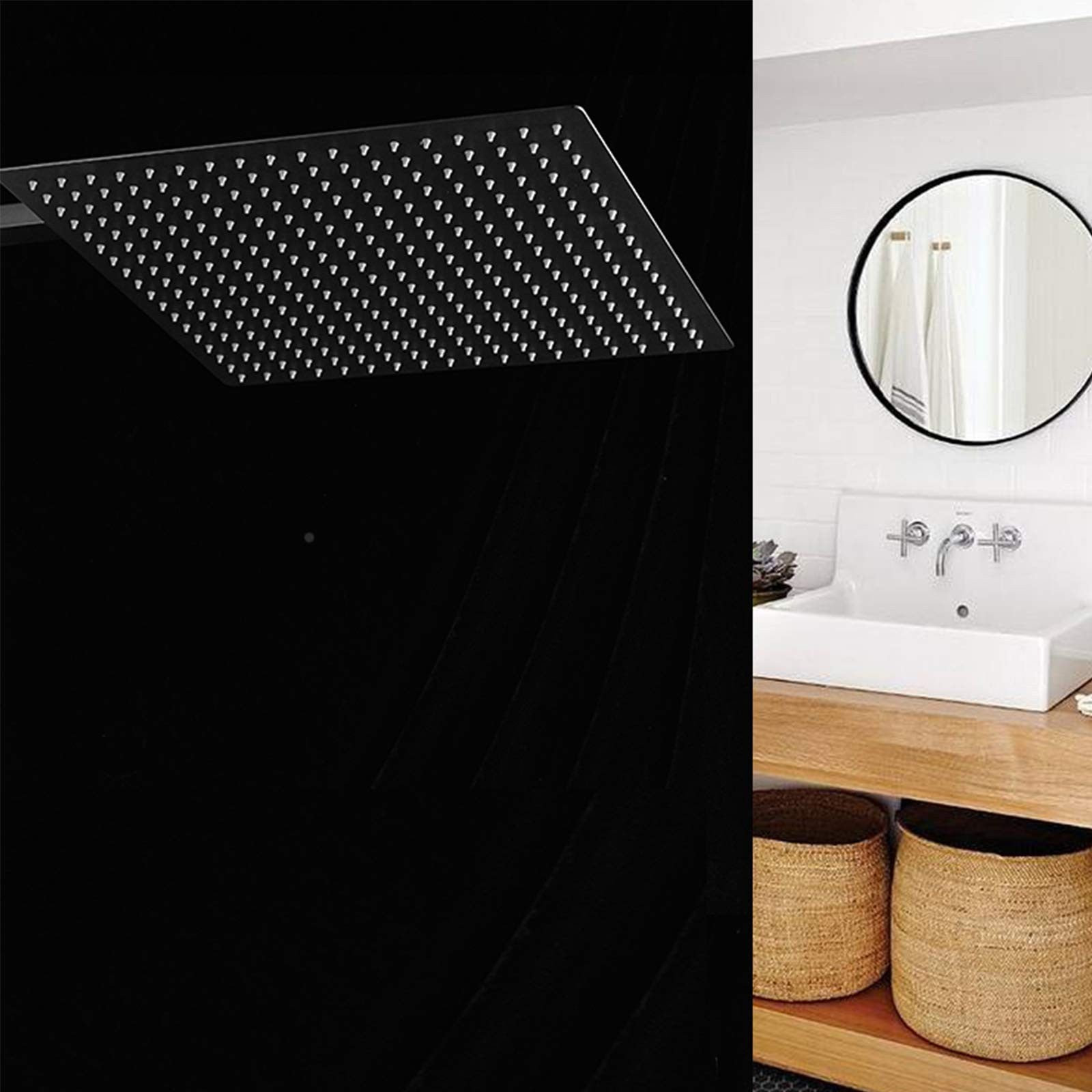 16-inch square rainfall shower head made of stainless steel with high-pressure design for a luxurious shower experience.