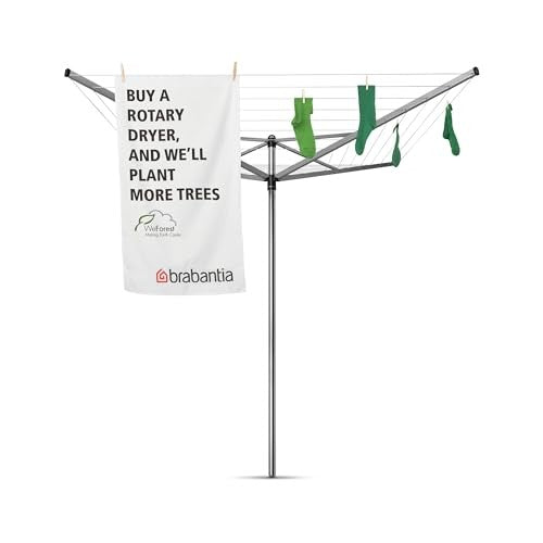 Brabantia Topspinner 4-arm outdoor clothesline with 197ft rotary folding drying rack in a garden setting