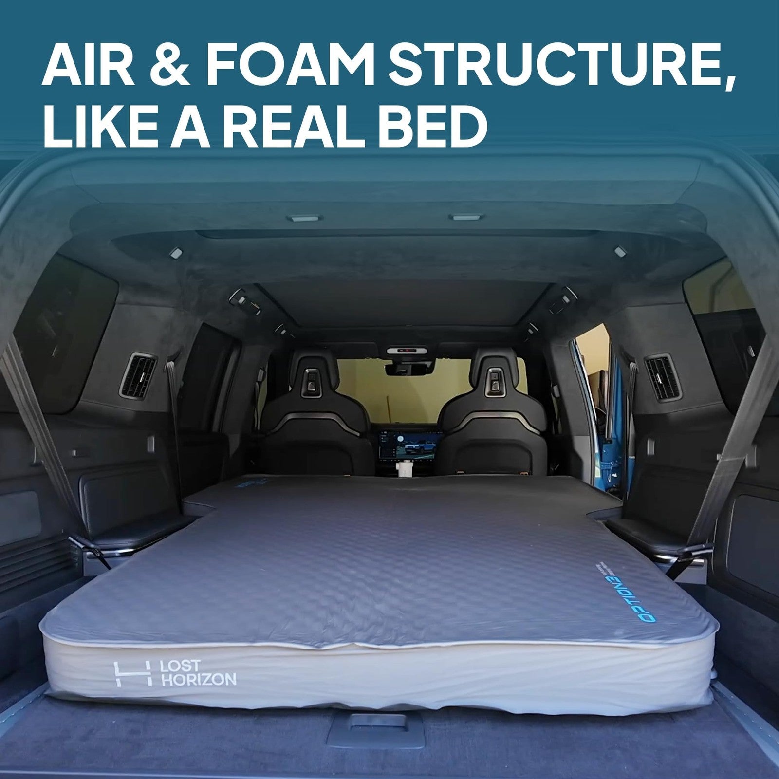 Lost Horizon camping air mattress and foam sleeping pad, self-inflating with a durable surface for outdoor sleeping comfort.