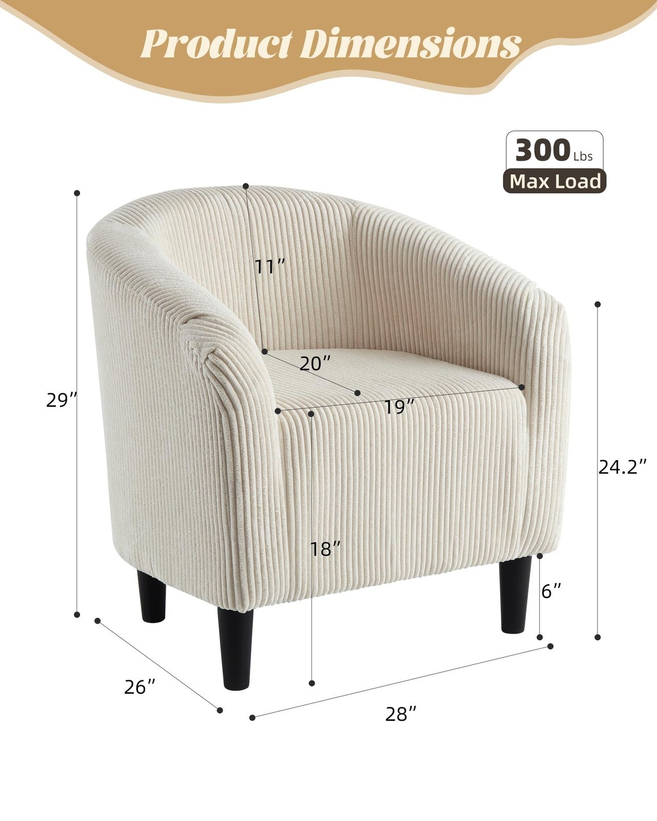 Corduroy barrel accent chair with plush cushioning and elegant armrests, featuring a cozy, stylish design perfect for living rooms.