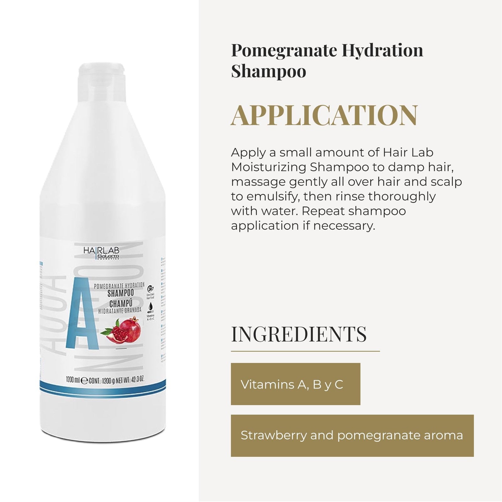 Salerm Hydrating Shampoo Hair Lab Pomegranate 1200ml bottle with label, gentle frizz control, vegan formula, for smooth hair.