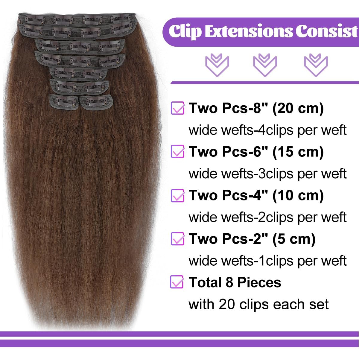 Aqifai brown kinky straight clip-in human hair extensions showing the natural straight texture with clips attached for easy styling.