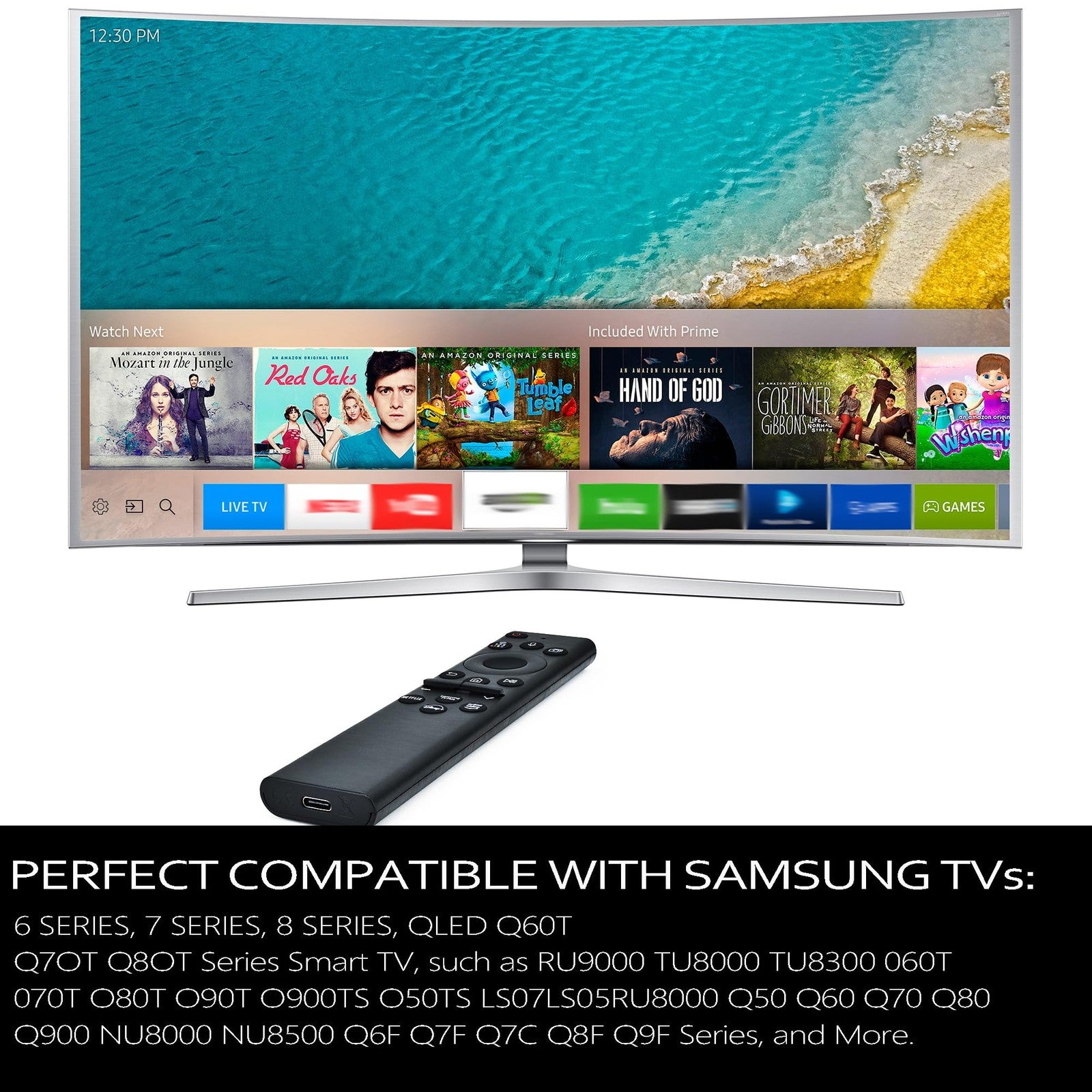 FonPeak Samsung Solar Voice TV Remote Control for Neo QLED The Frame Crystal, showcasing buttons and sleek design.