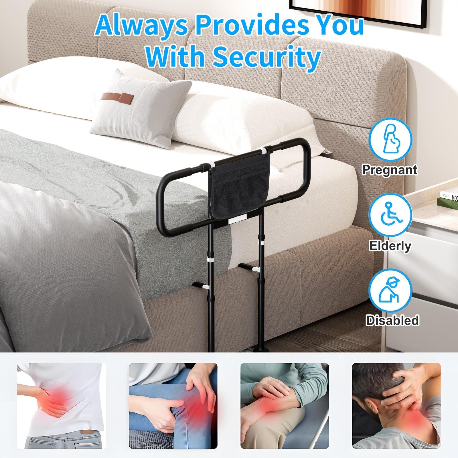 Heavy-duty bed rails for elderly adults with motion sensor light support, supporting up to 400 lbs, from Eakertte.
