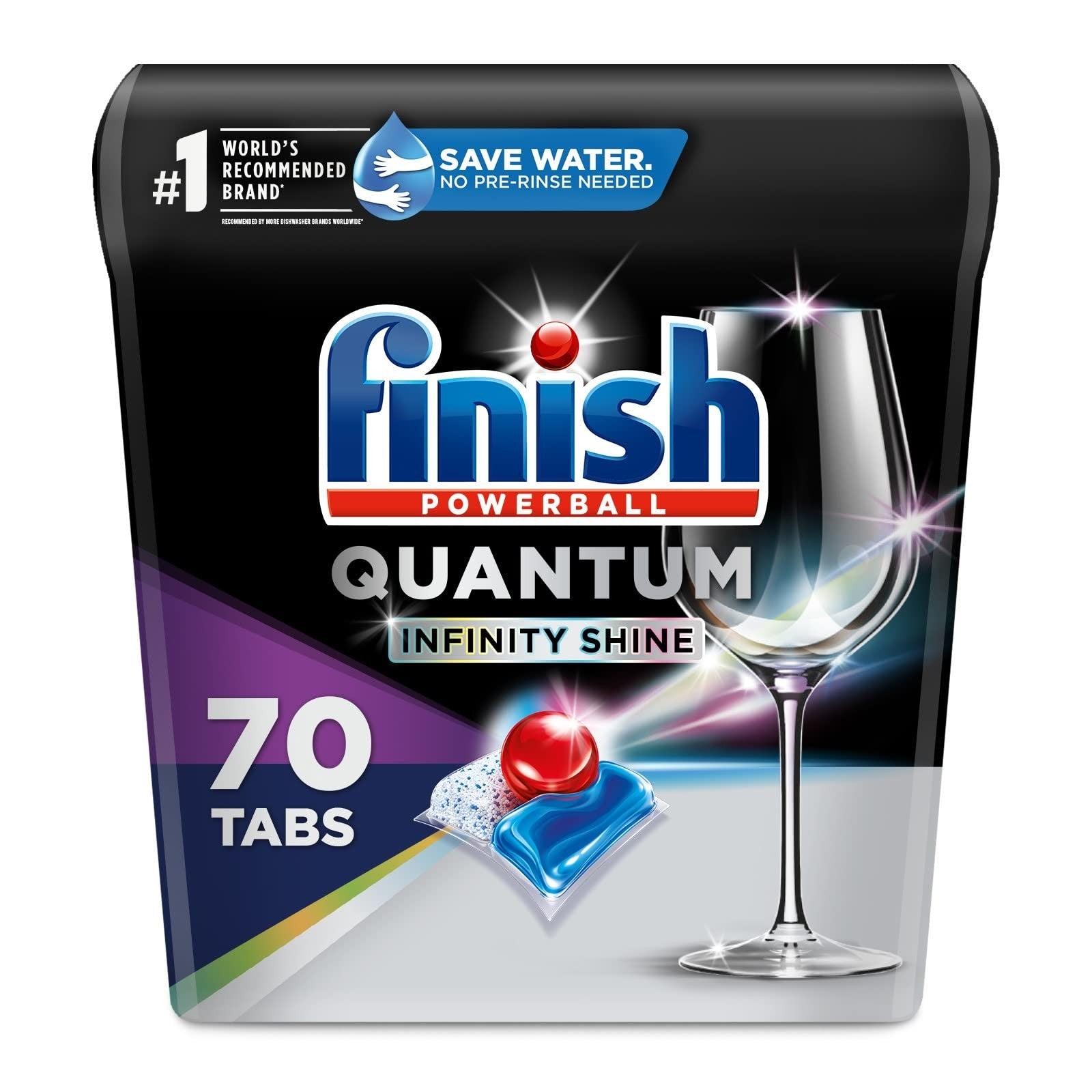 Finish Quantum Infinity Shine dishwasher detergent powerballs in a 70-count box, designed to clean and shine dishes effectively.