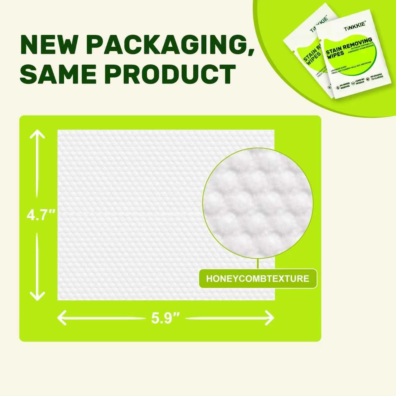 Pack of 10 TiNKKiE stain remover wipes for clothes and fabric, showing wipes with stain removal solution on fabric.