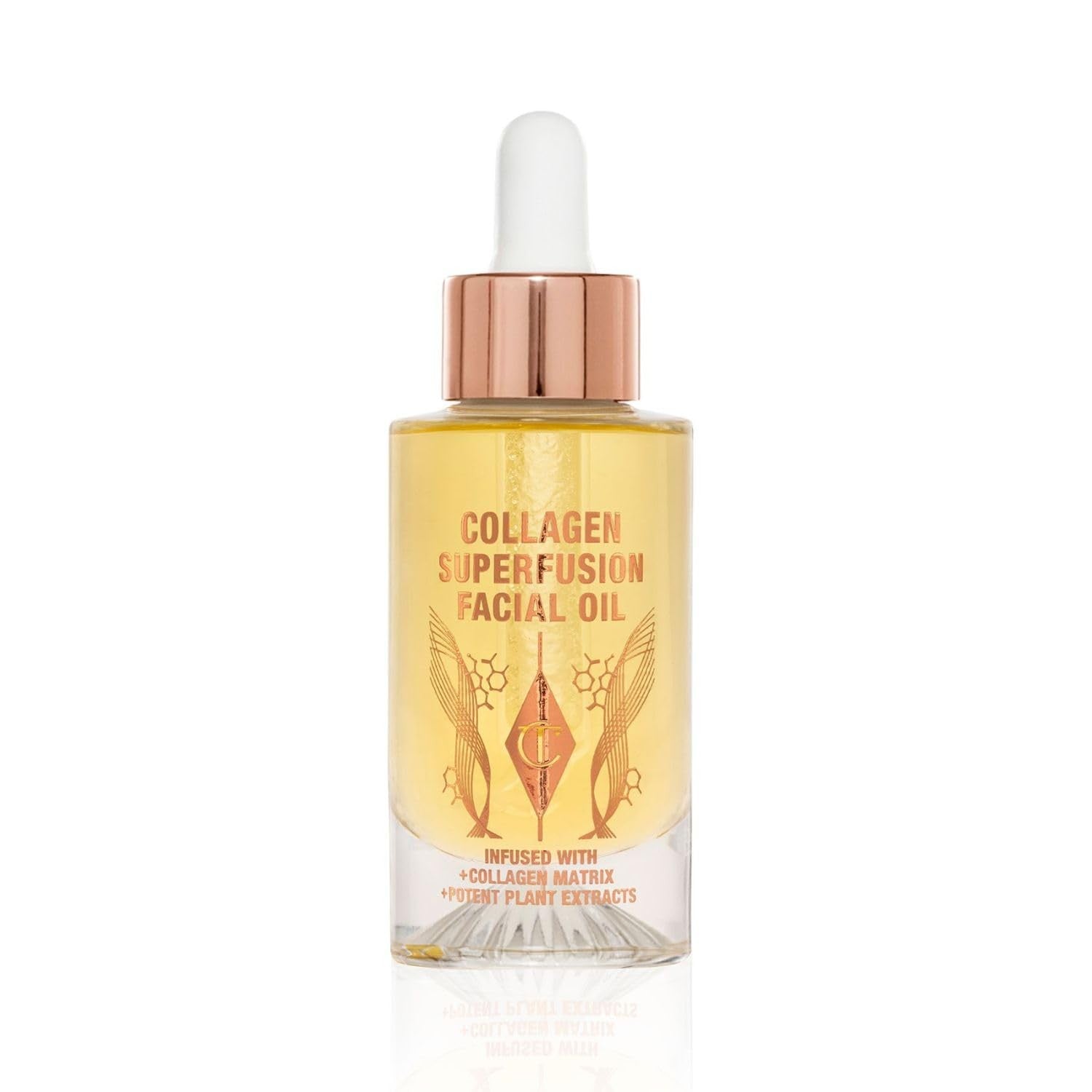 Charlotte Tilbury Collagen Superfusion Face Oil bottle with dropper, nourishing skincare product for skin hydration and firmness.