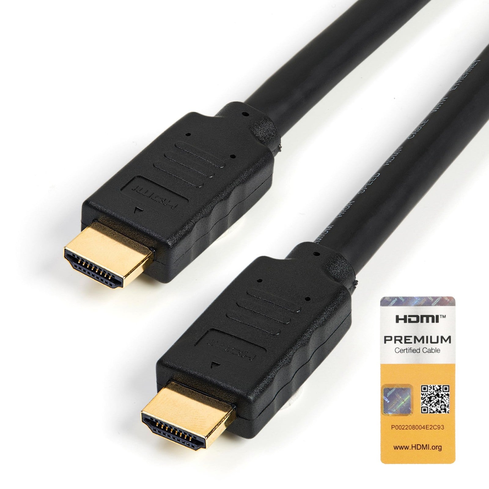 StarTech.com 23ft premium HDMI 2.0 cable showing gold-plated connectors and flexible black cable for 4K HDR UHD TV connection