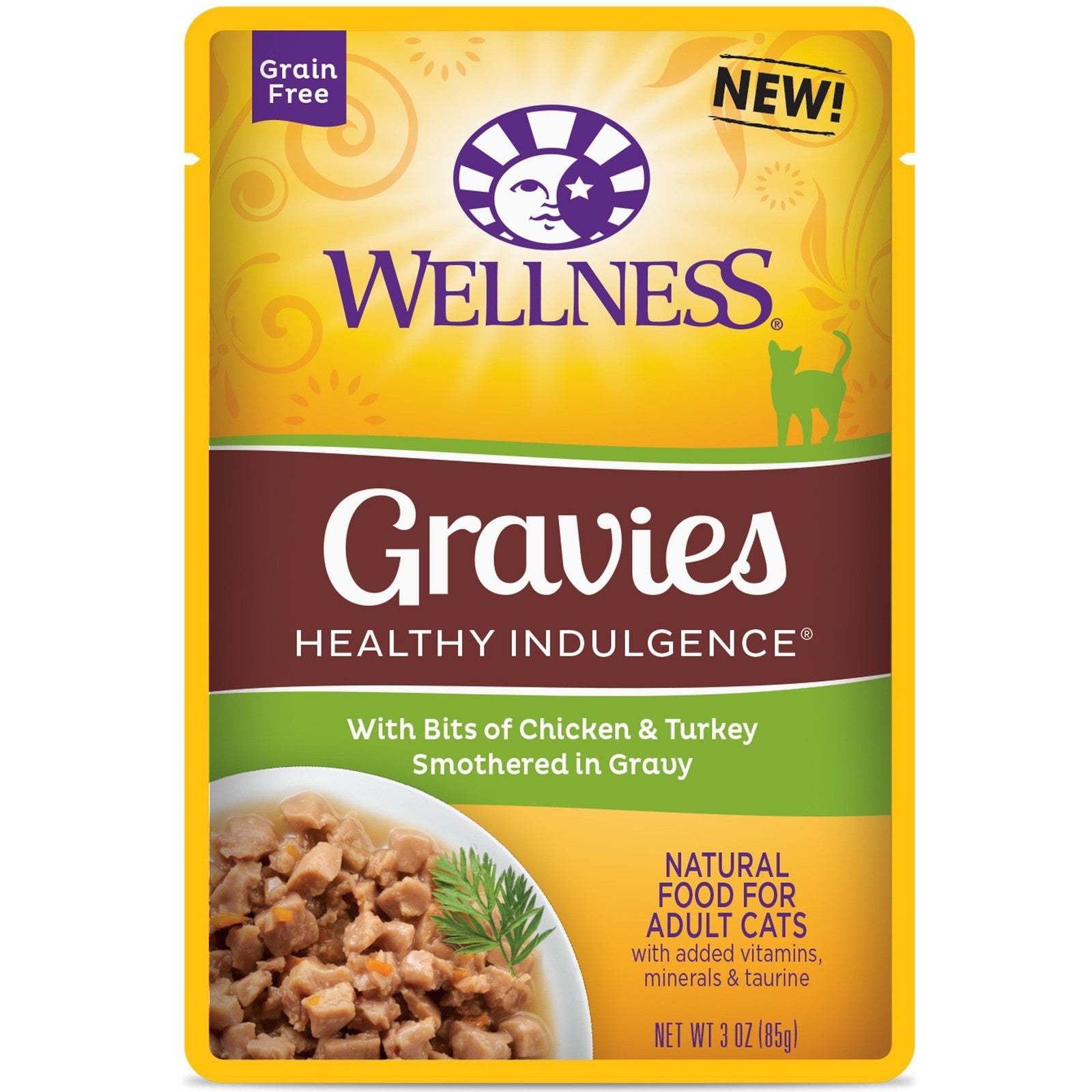 Cans of Wellness Healthy Indulgence Grain-Free Wet Cat Food with gravies and pate, showing colorful cat food varieties and labels.