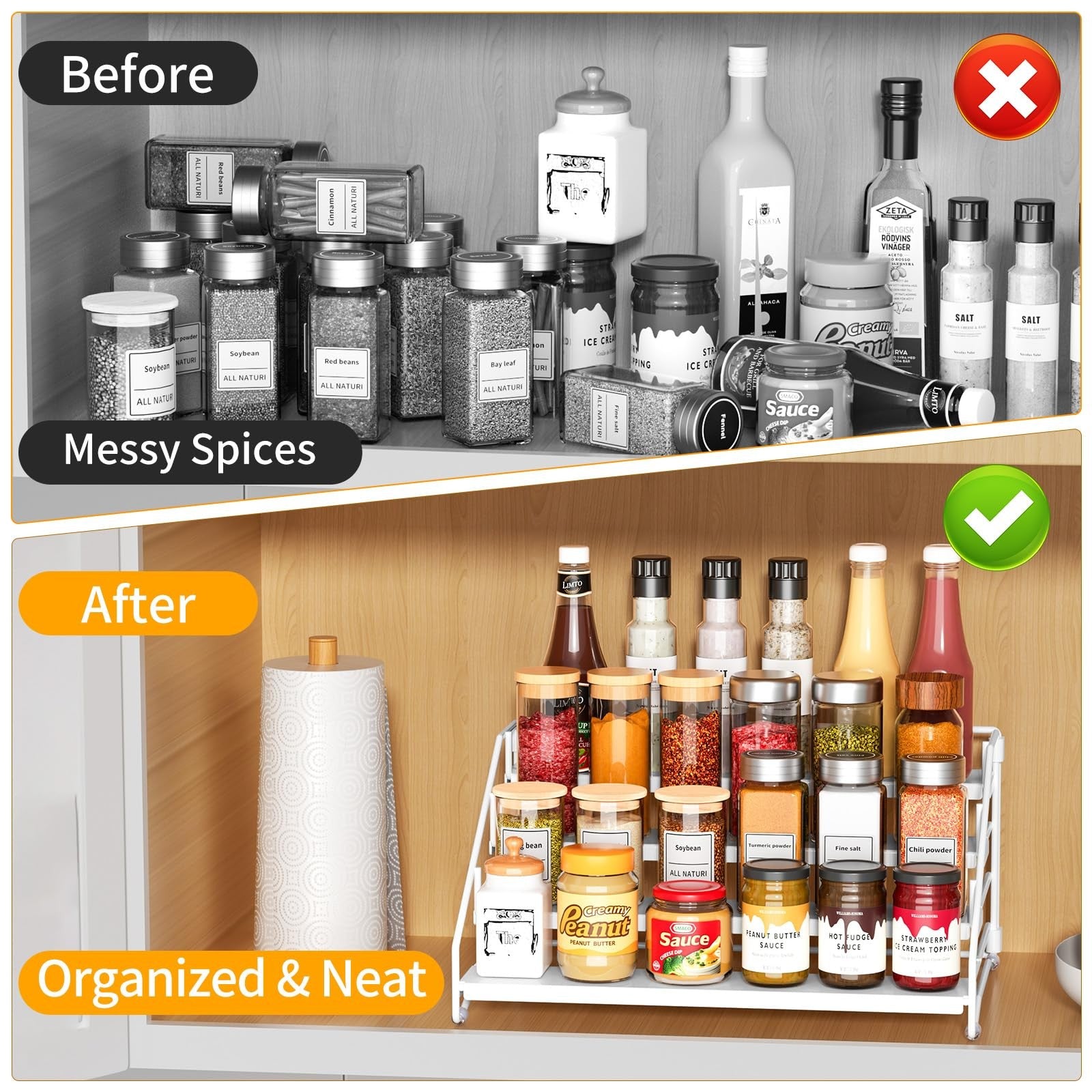 RCHYFEED 4-tier spice rack organizer for cabinet, holding various spice jars in a neat, accessible arrangement