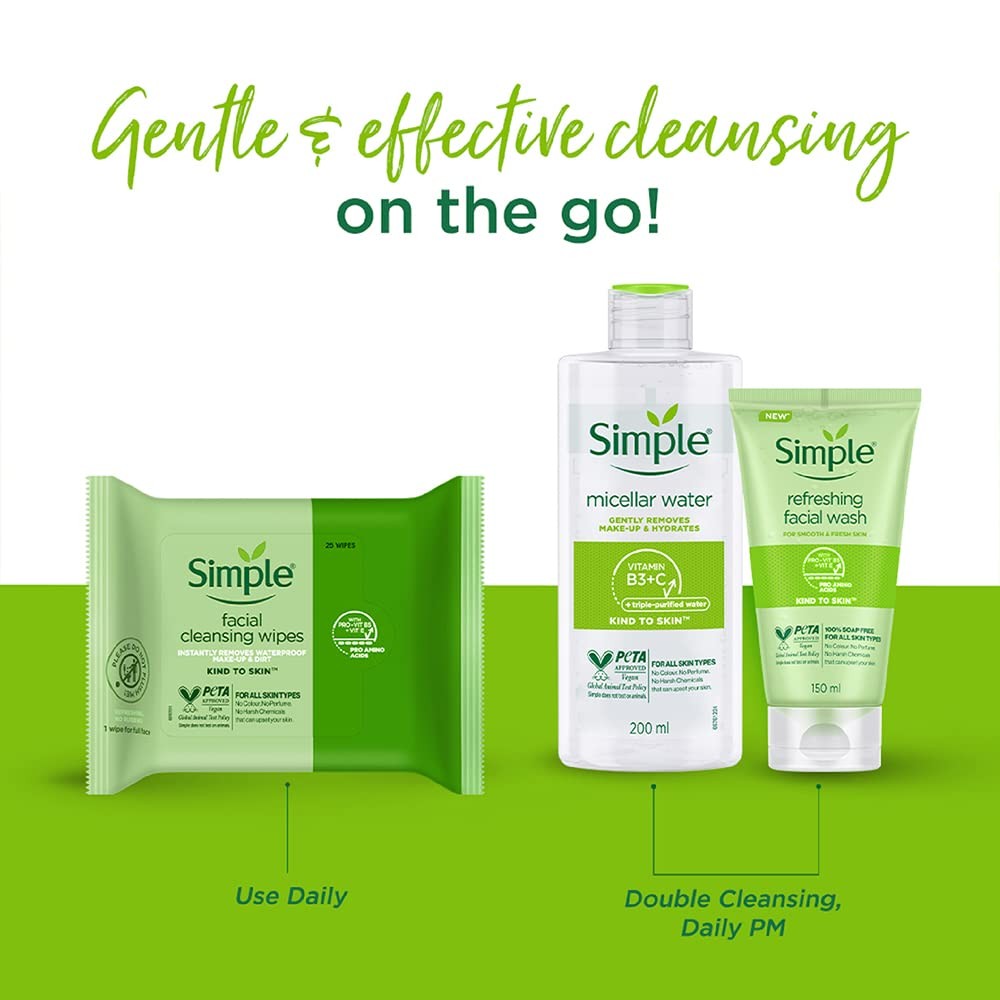 Simple Kind to Skin cleansing facial wipes pack of 6, 25 count each, soft and gentle makeup remover and skin cleanser.