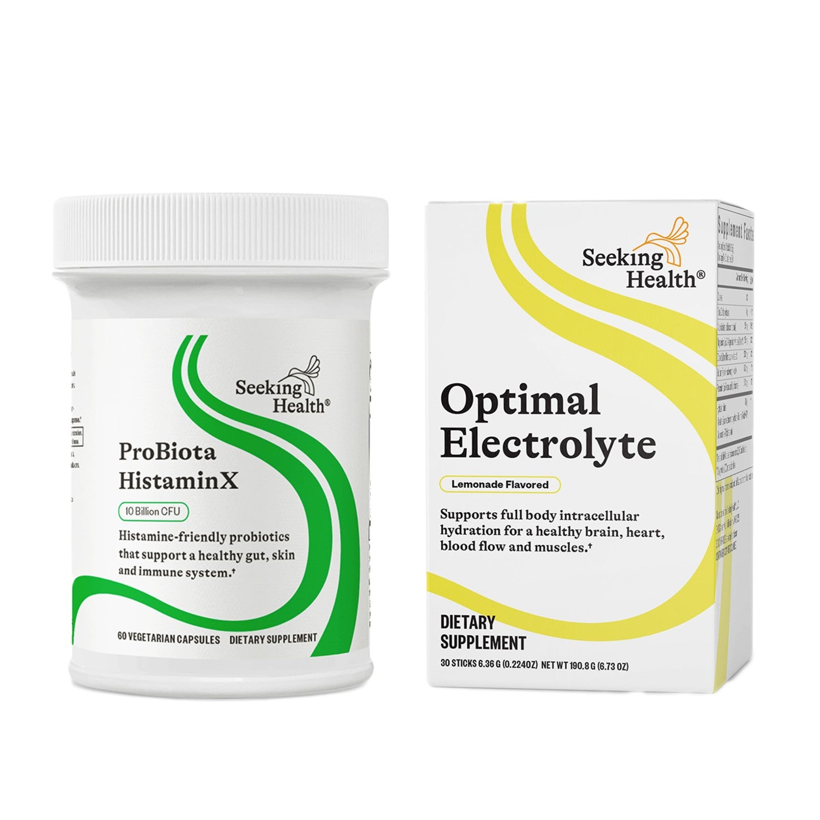Seeking Health ProBiota HistaminX digestion supplement bottle with capsules for gut health support and histamine regulation.