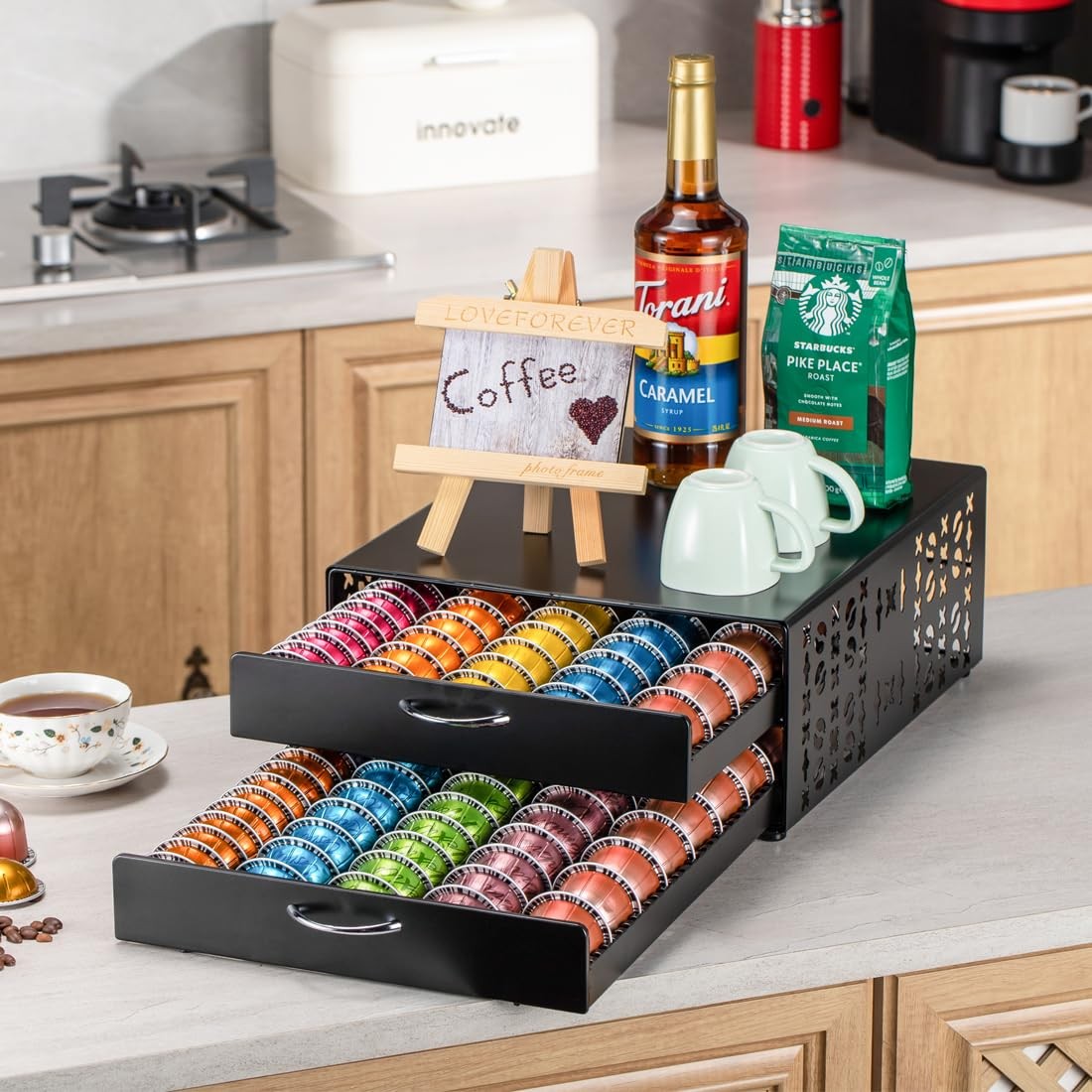 FlagShip Vertuo pod holder coffee storage organizer with large capacity for Nespresso Vertuo capsules, black plastic design.