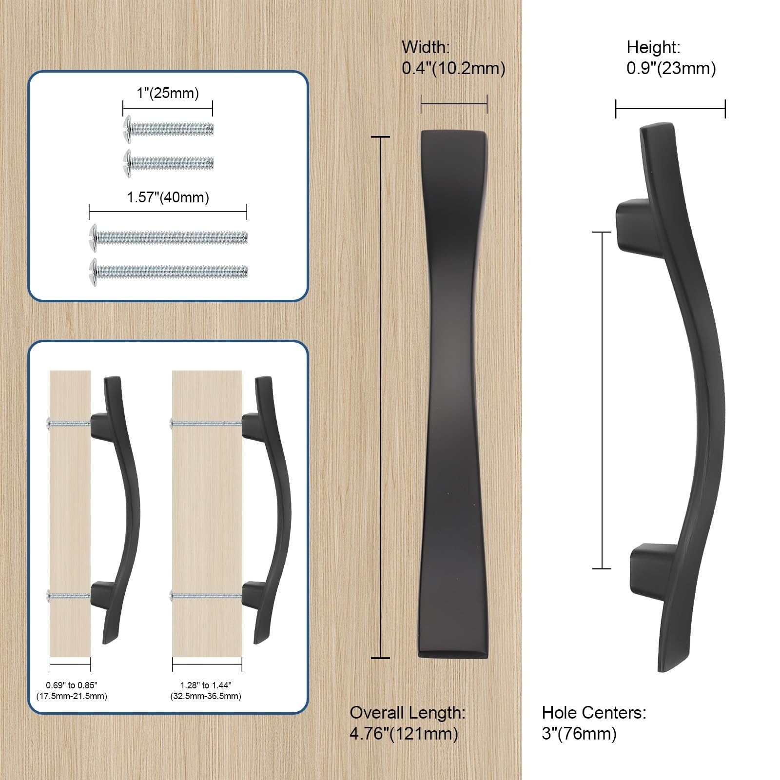 Set of 10 Knobonly matte black 3-inch cabinet handles with 76mm hole centers, suitable for drawers and cabinets.