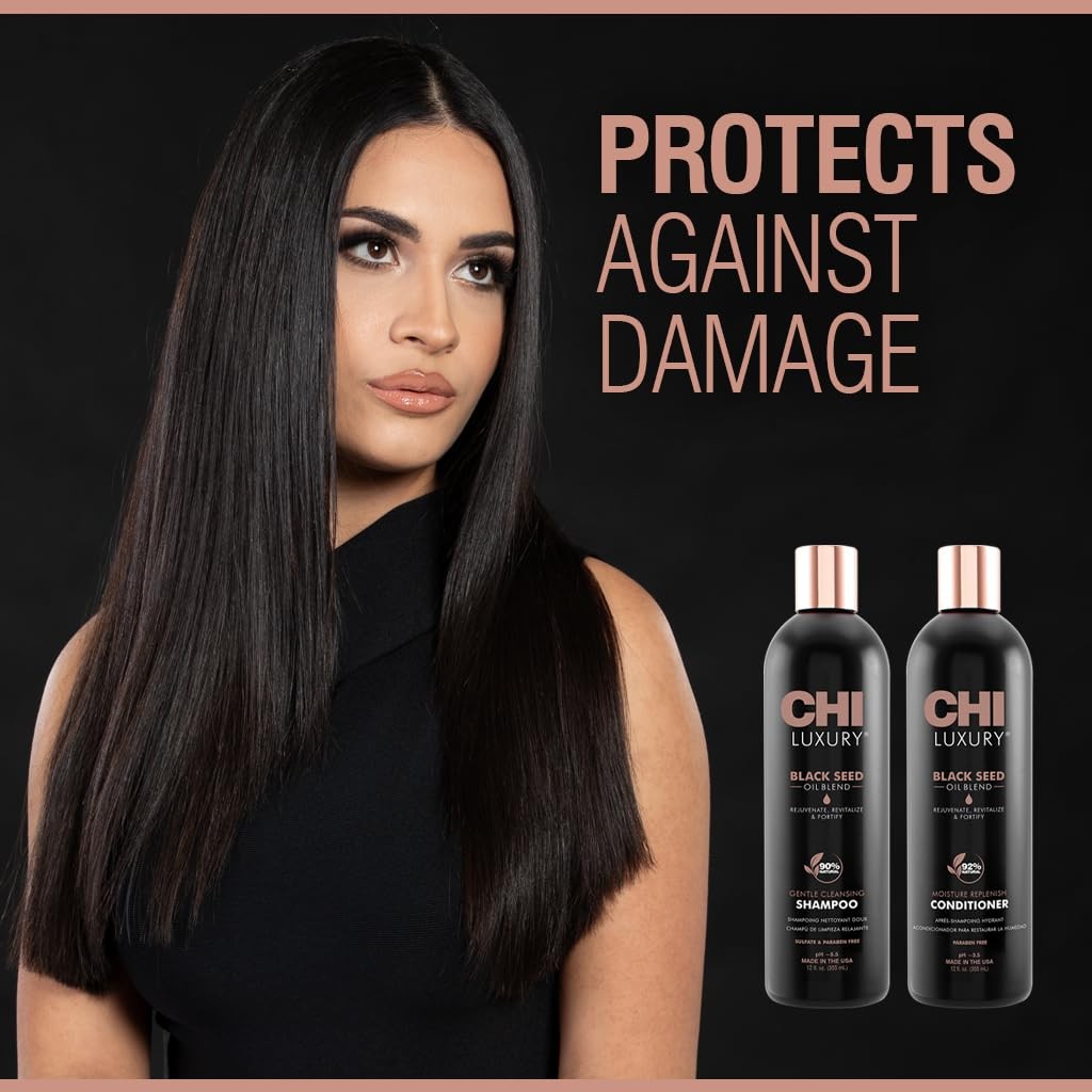 CHI luxury black seed oil blend gentle cleansing shampoo bottle with black and gold packaging, designed for hair cleansing and moisture.