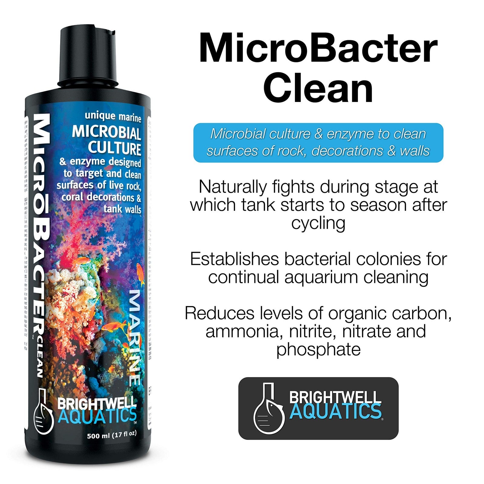 Brightwell Aquatics MicroBacter7 and MicroBacter Clean bacteria supplements for aquarium water conditioning, showing bottles and labels.