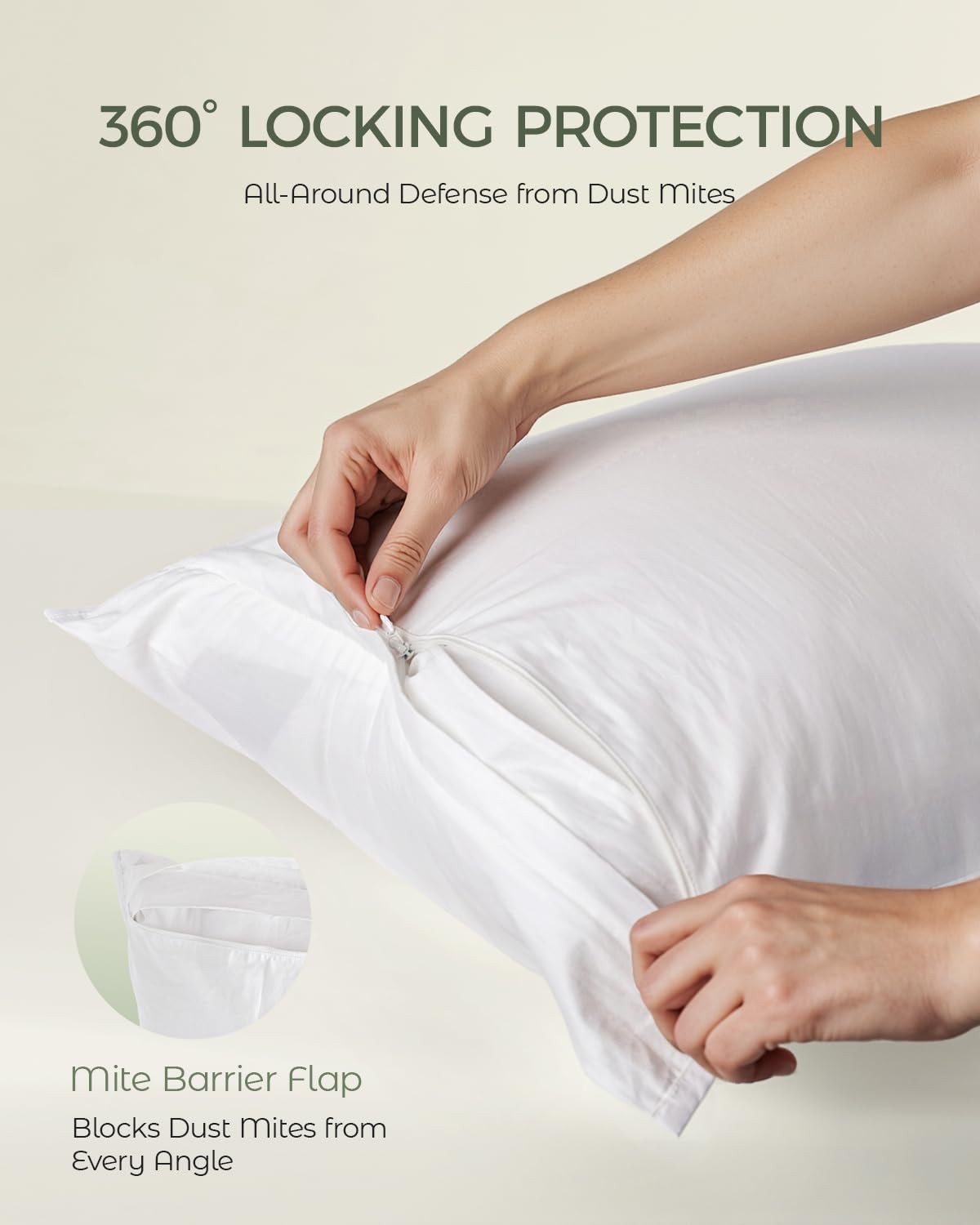 FAUNNA 100% cotton pillow protectors with bed bug proof, hypoallergenic, antimicrobial fabric, shown on a bed pillow.