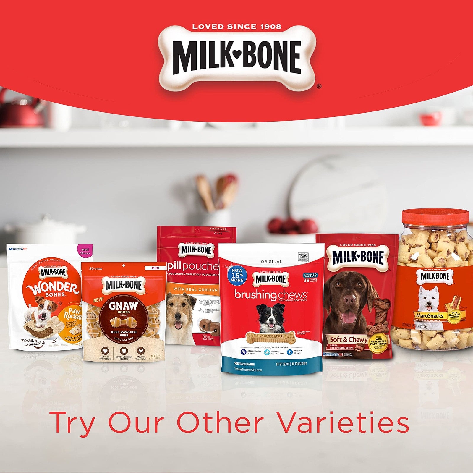 Milk-Bone MaroSnacks dog treats bundle with a 40-ounce canister and two refill packs, showing crunchy dog biscuit treats.