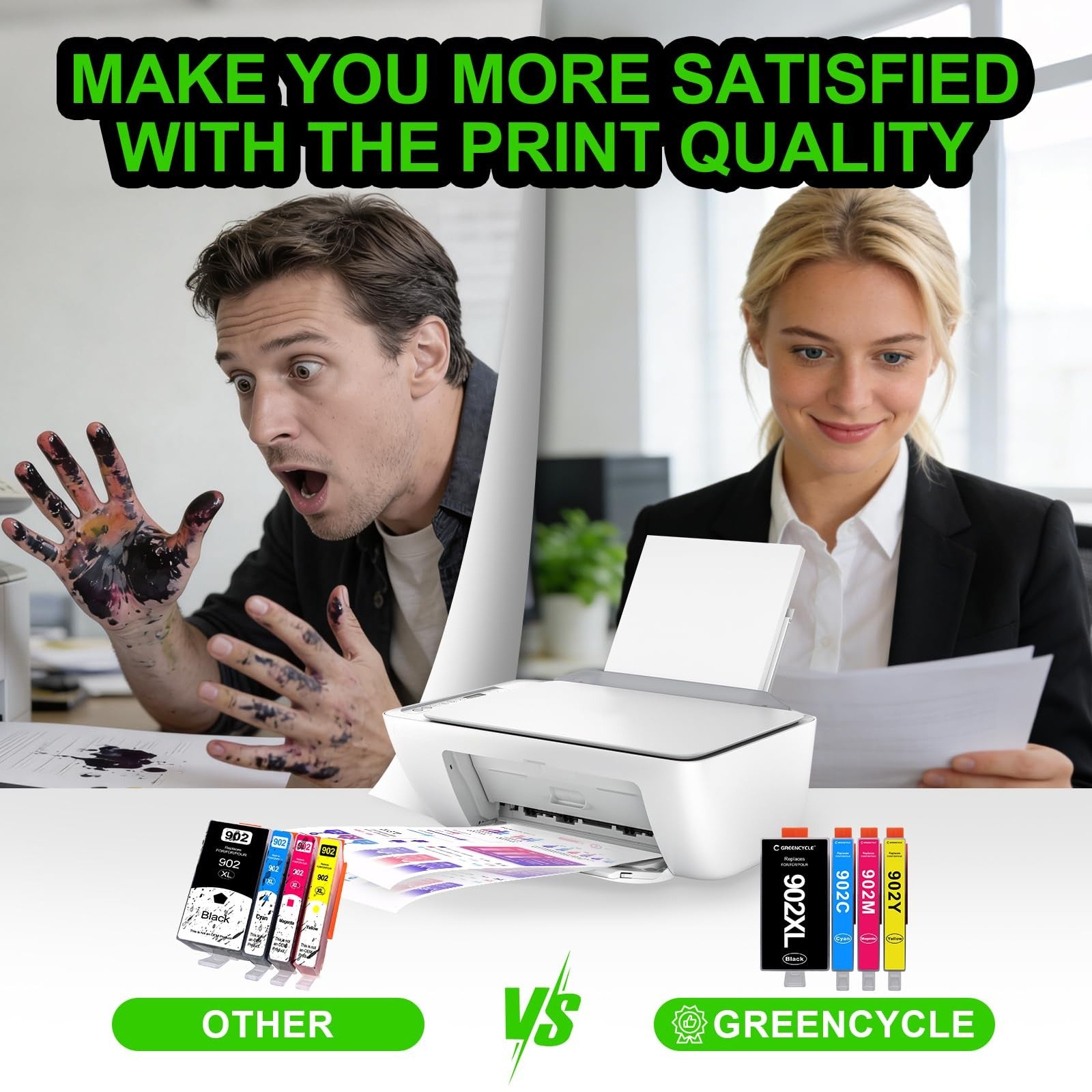 GreenCycle HP 902 XL ink cartridges combo pack with green and black cartridges for HP Officejet printers, high-yield replacements.