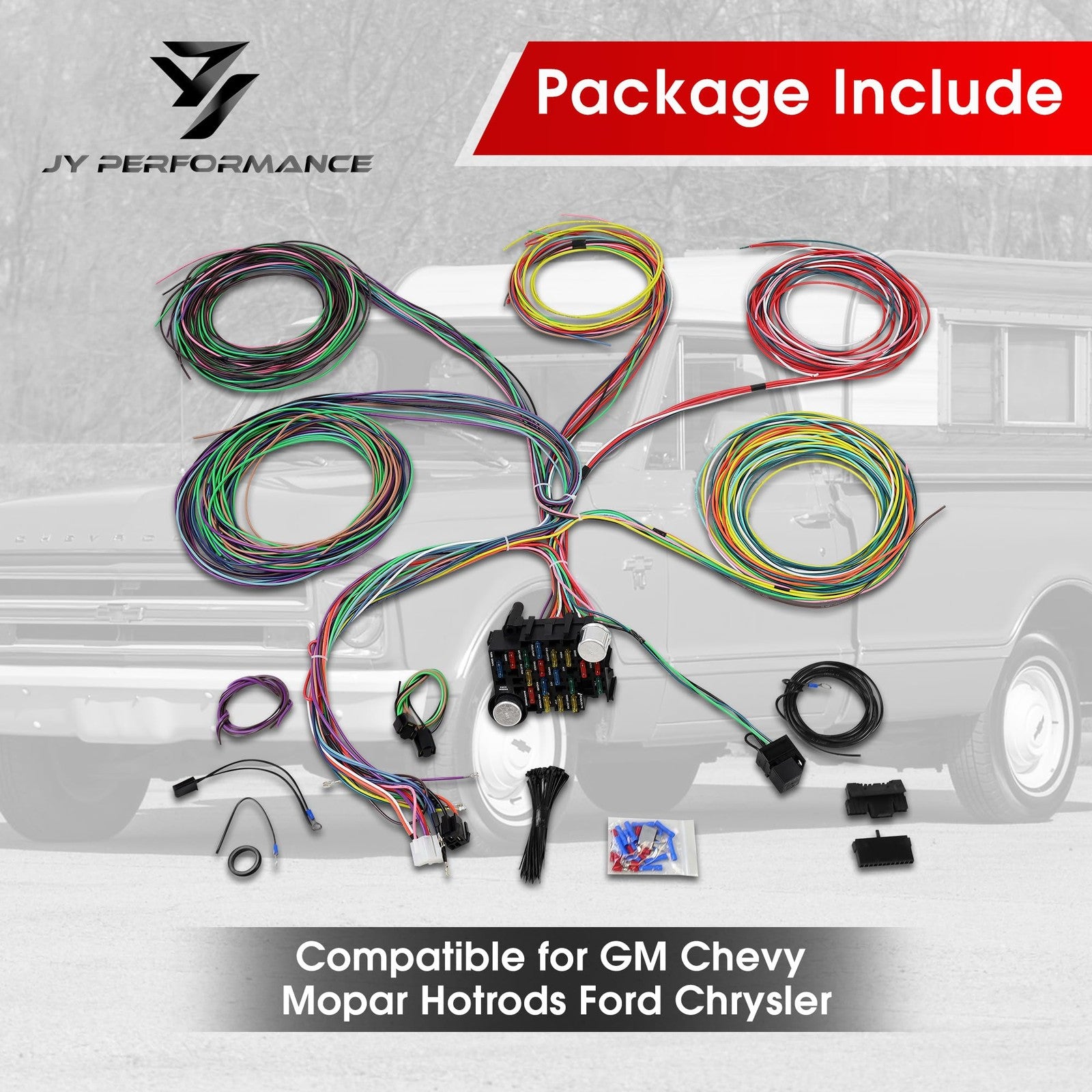 JY PERFORMANCE universal 21 circuit wiring harness kit with extra long wires, standard gauge, for automotive electrical wiring.