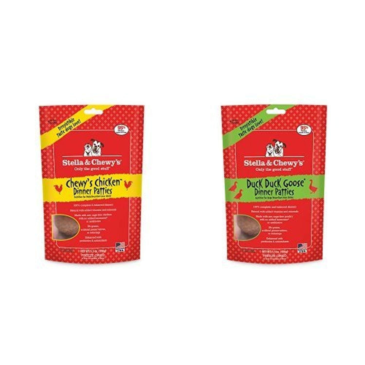 Two packages of Stella & Chewy's Freeze-Dried Raw Dinner Patties dog food in a variety pack, featuring colorful packaging and product details.