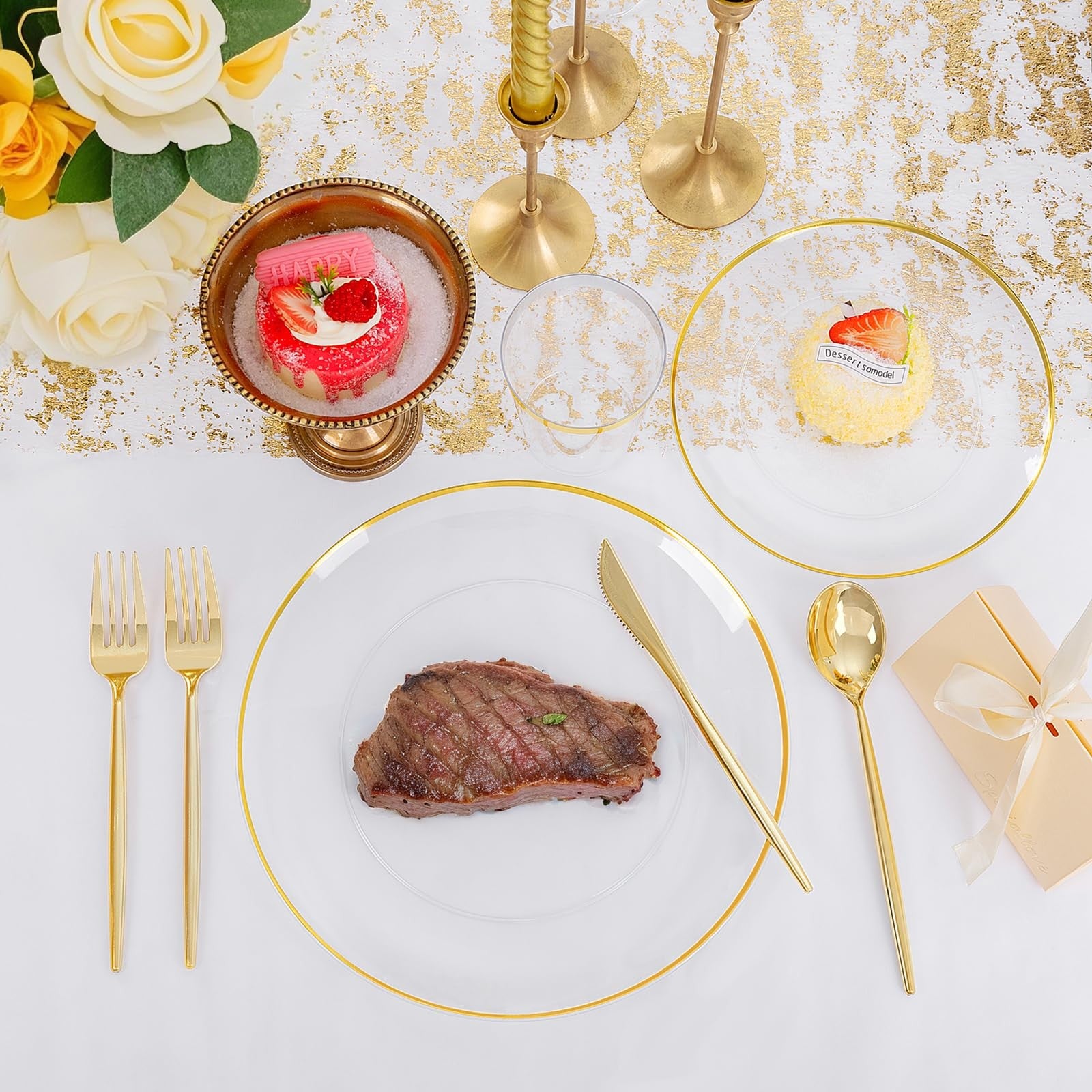 Ejonirinjonir EI 180-piece set of gold-trimmed clear plastic plates, suitable for parties and gatherings
