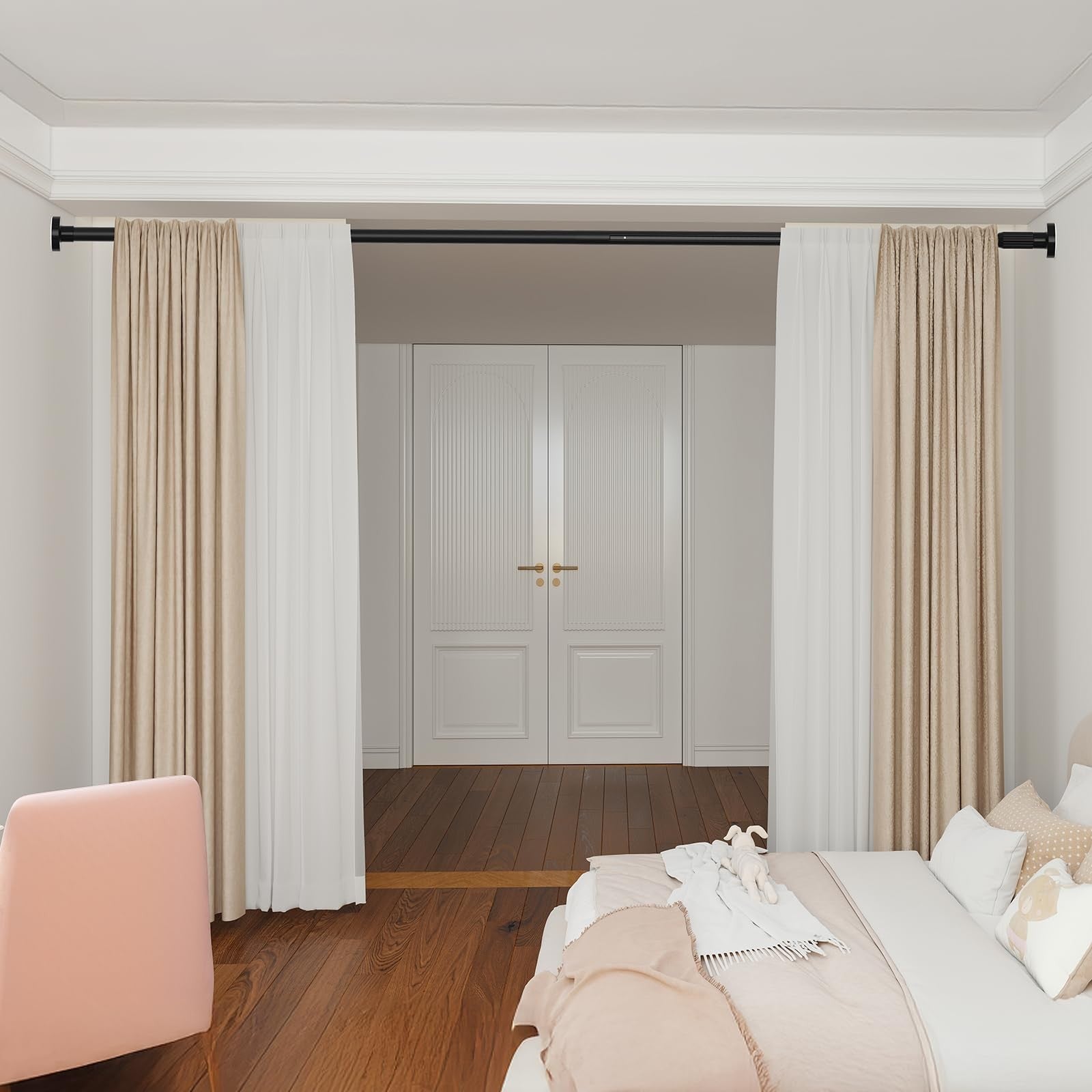 Mexau black tension curtain rod for windows, heavy-duty adjustable tension rod extending from 41 to 185 inches, suitable for various window sizes