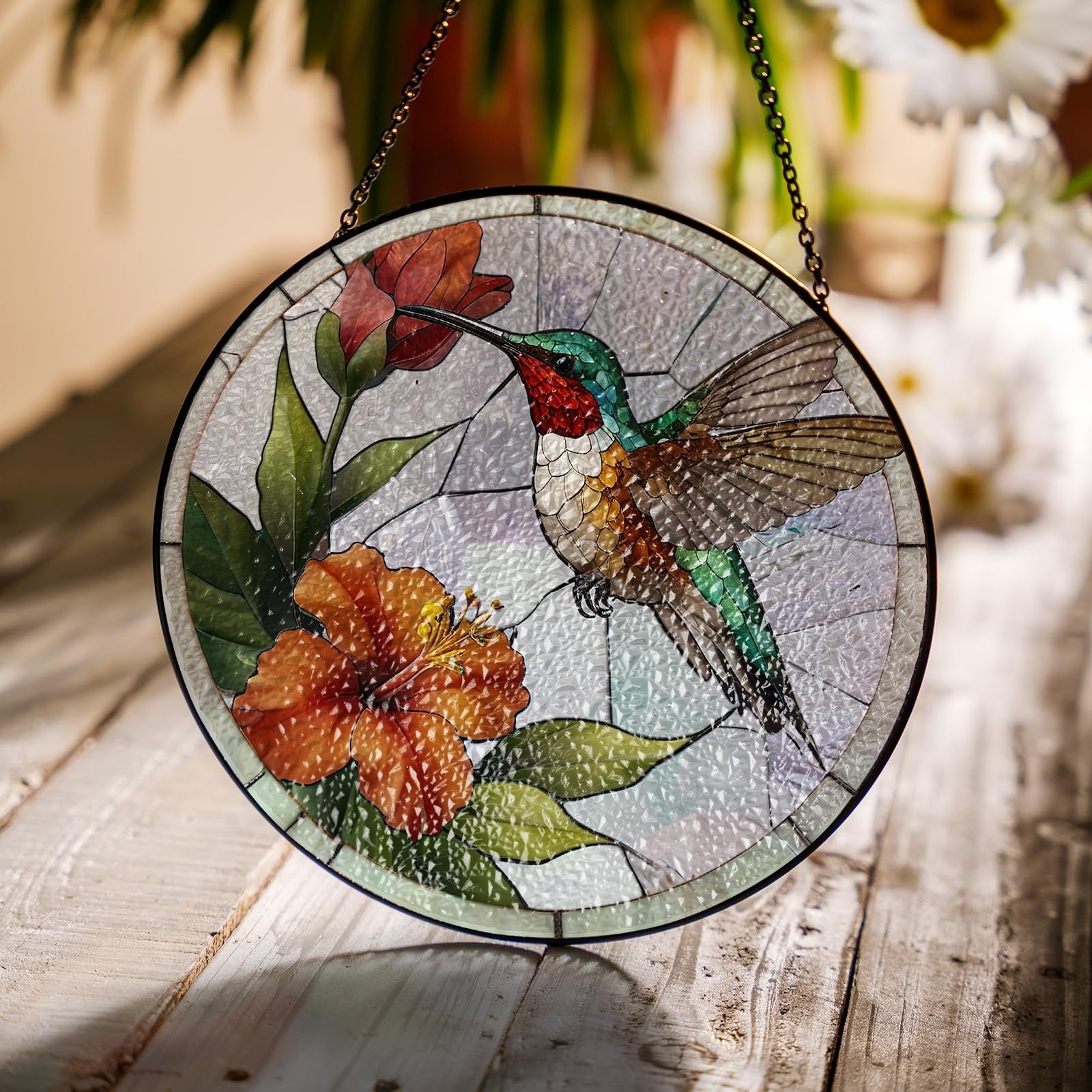 Vinatimes 6-inch green hummingbird stained glass suncatcher with colorful flower design, handcrafted art glass bird for window decoration