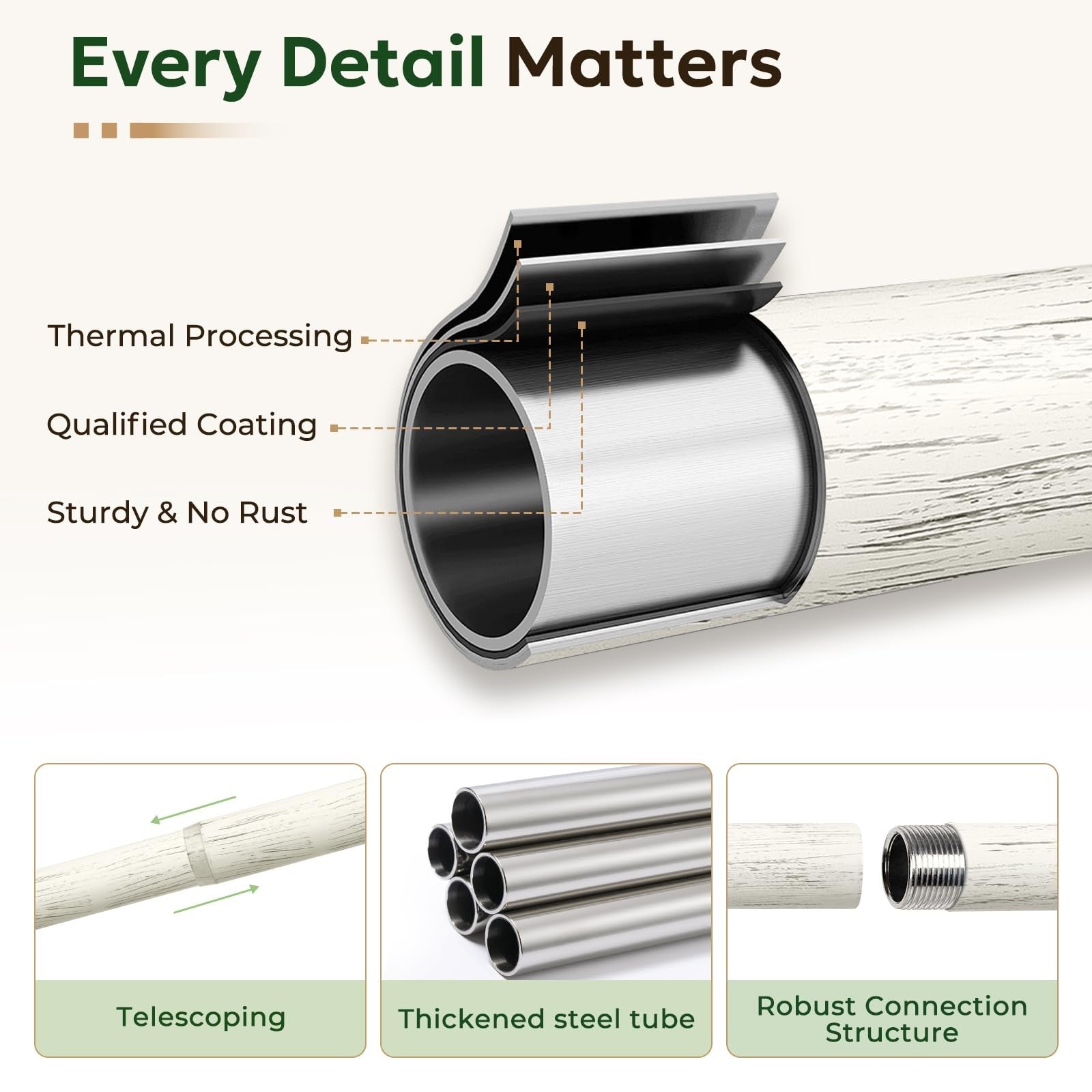 Zeerobee 1-inch wood curtain rod with brackets, adjustable 32-48 inches, heavy-duty drapery rod for windows.