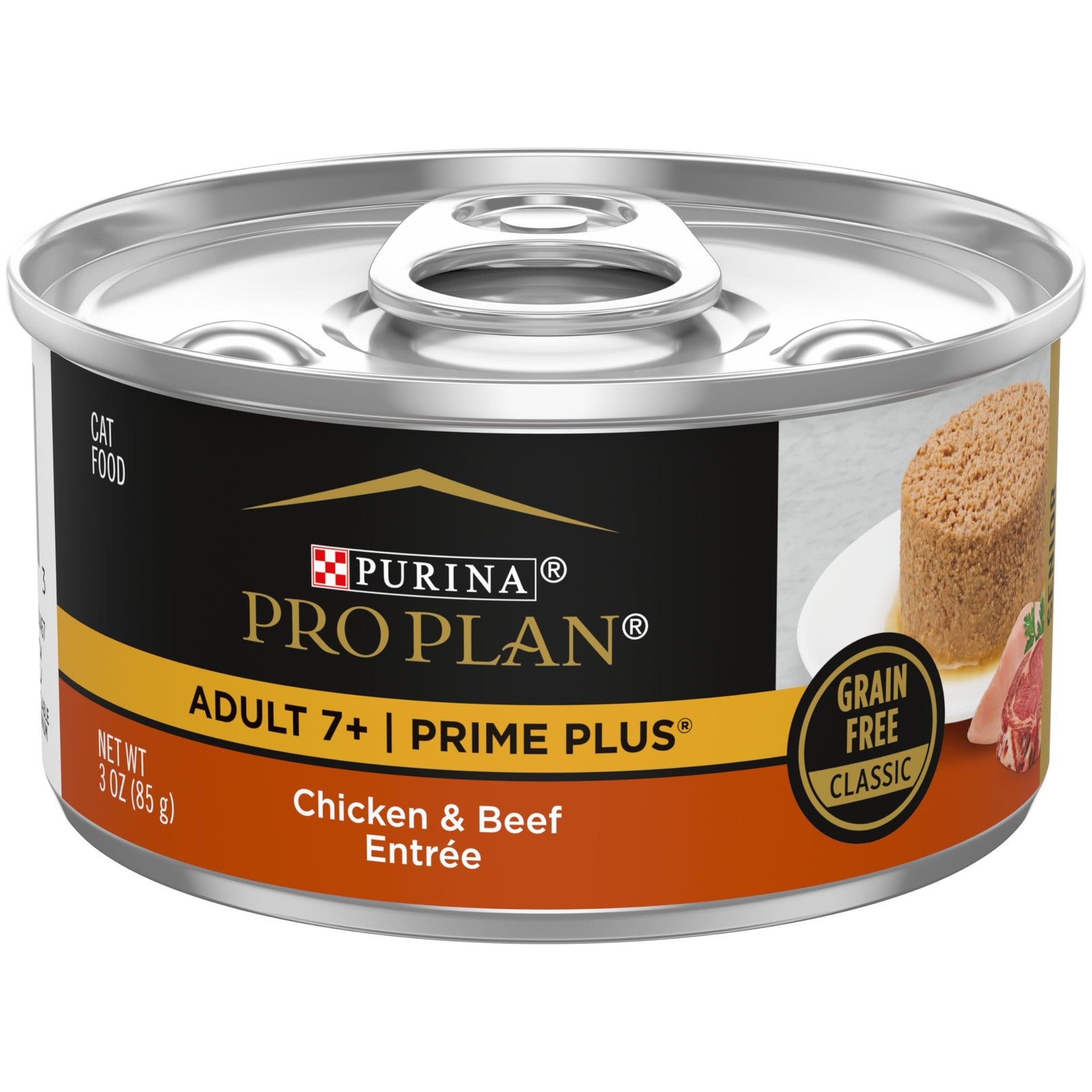 Cans of Purina Pro Plan Senior Cat Food Wet Pate Chicken and Beef Entree, 3oz size, suitable for older cats.