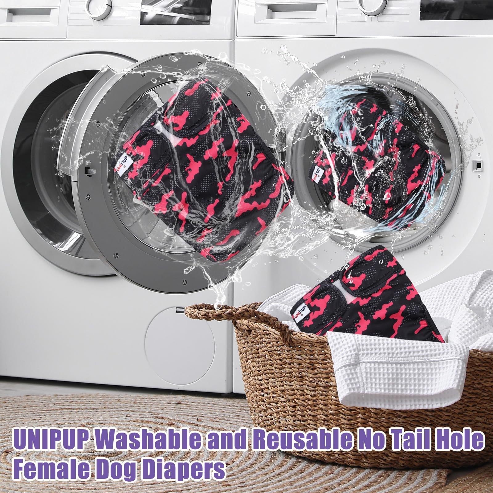 Reusable UNIPUP female dog diapers with no tail hole, washable period panties, 3-pack for comfortable pet incontinence management.
