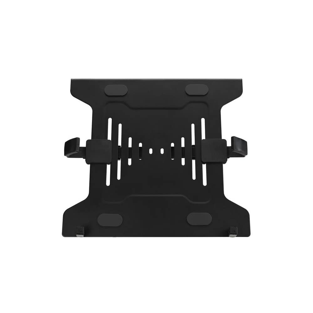 Kensington laptop holder attached to VESA-mount monitor arm, providing a stable workspace for a laptop and monitor setup.