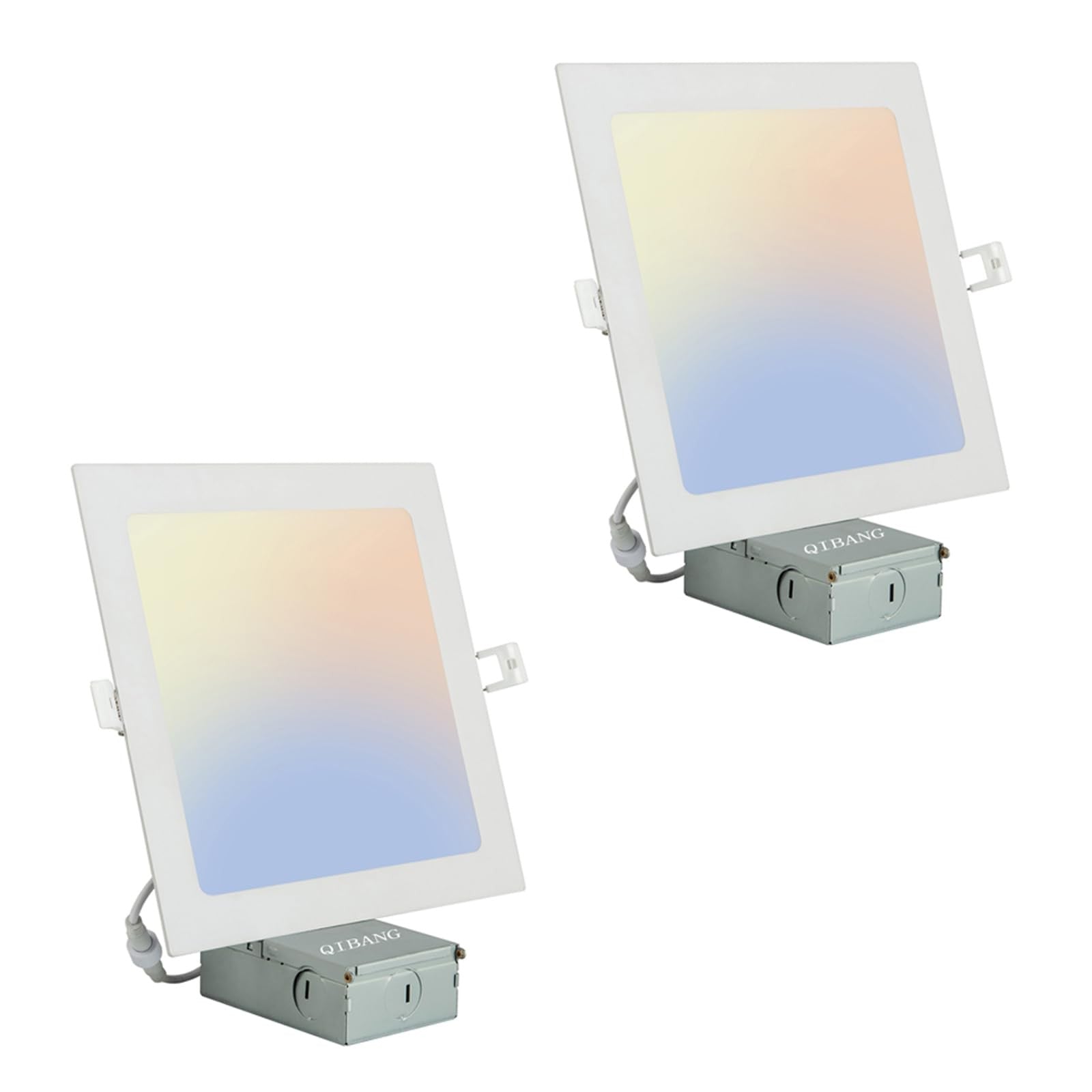 QIBANG 2-pack 8-inch dimmable square recessed lights with junction box, 3CCT adjustable color temperature, ideal for modern lighting.
