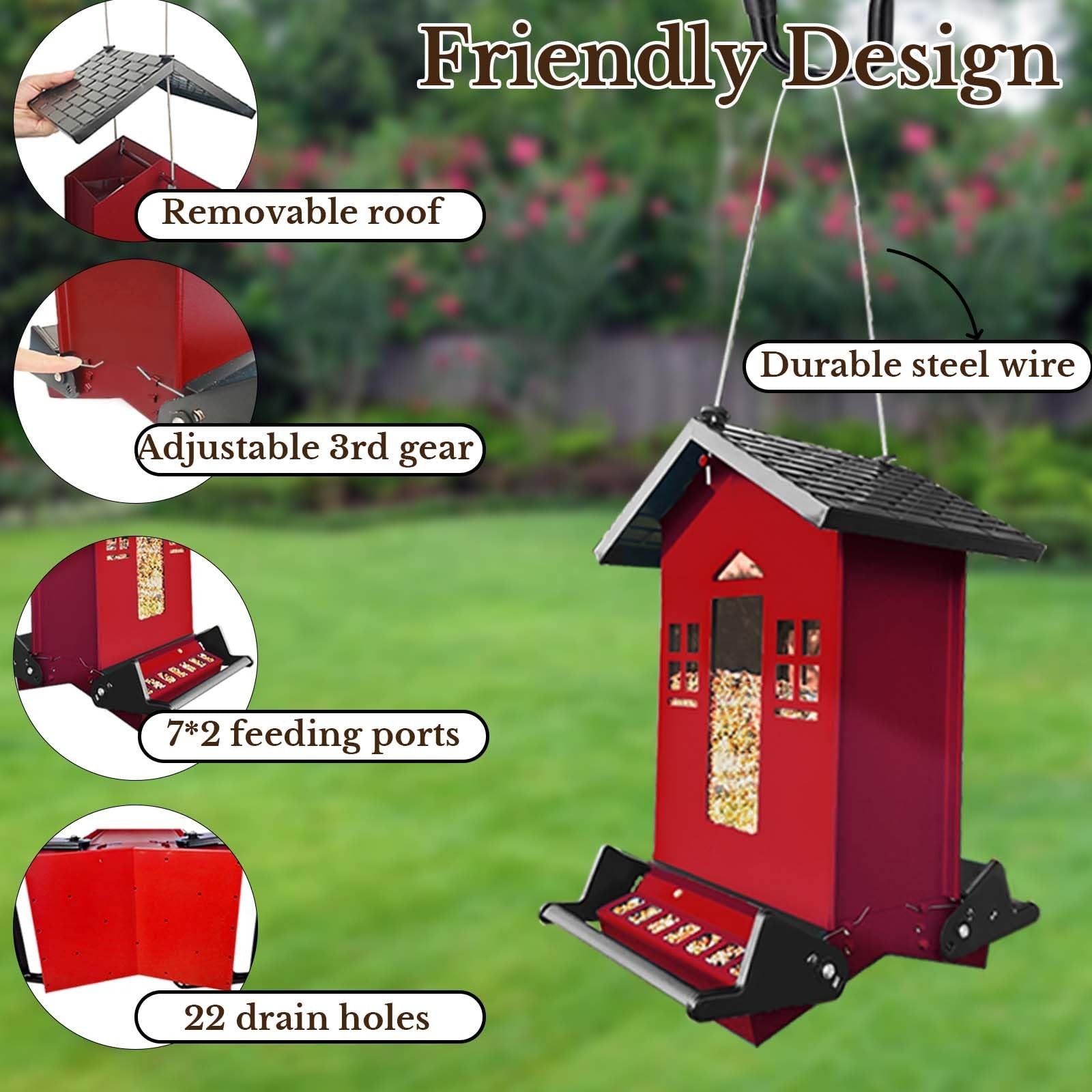 Red metal squirrel-proof bird feeder hanging outdoors, 6-pound capacity, designed for attracting and feeding wild birds.