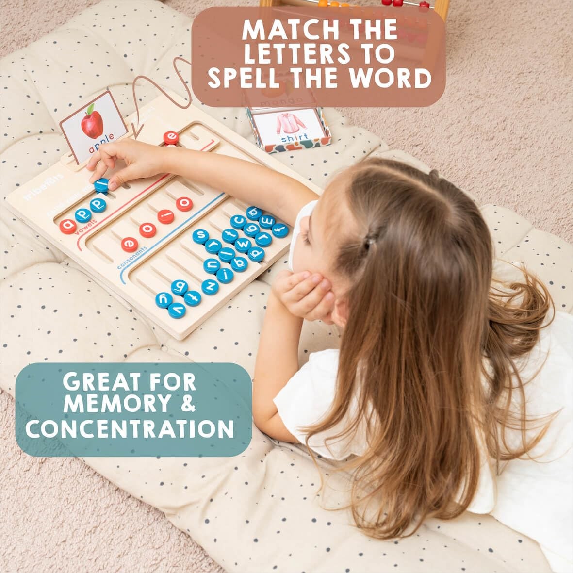 Wooden Montessori alphabet learning toy for 4-year-old kids by Tribetots, featuring colorful alphabet blocks for educational play.