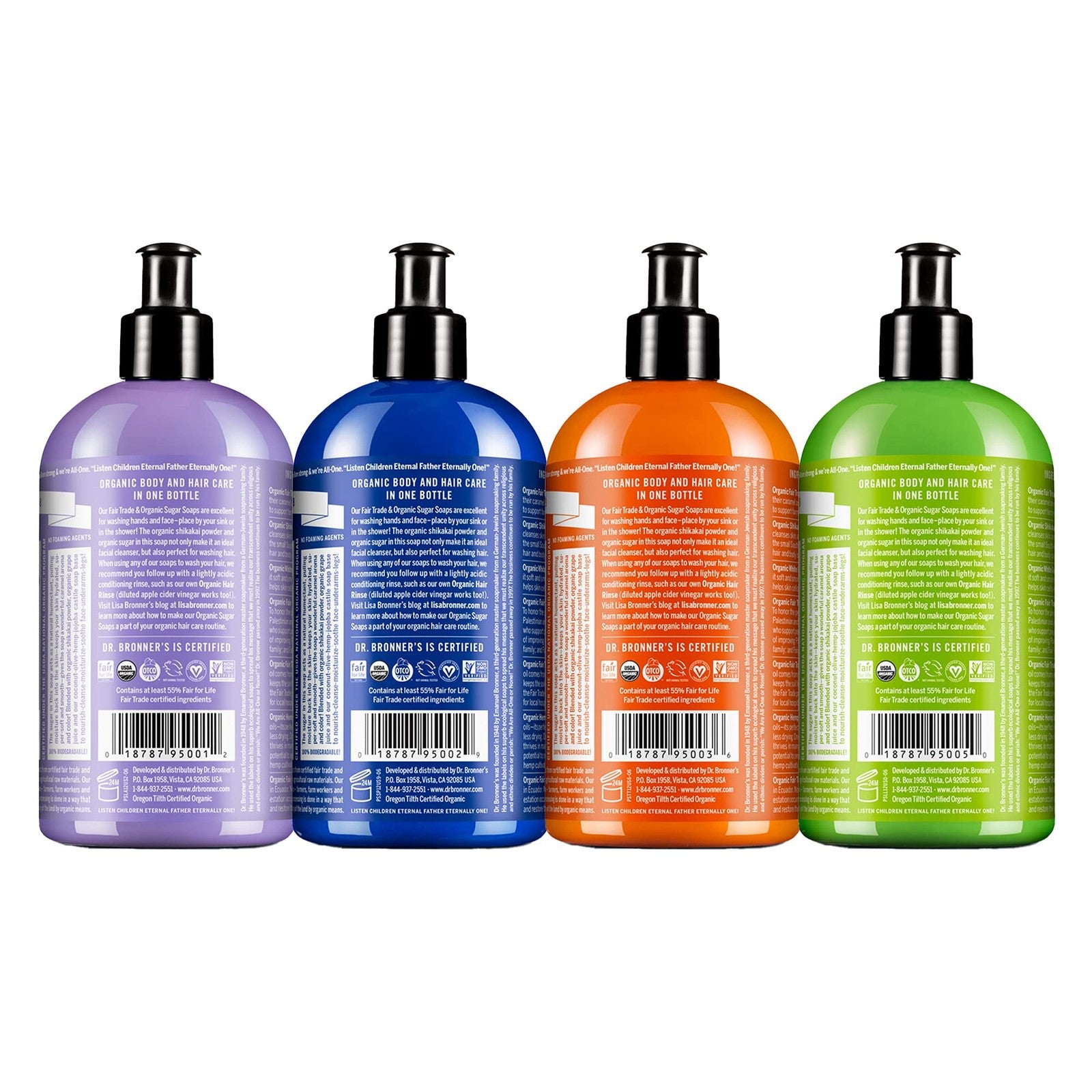 Assorted Dr. Bronner's Organic Sugar Soap bottles in lavender, peppermint, and tea tree scents, 12 oz variety pack, with colorful labels.