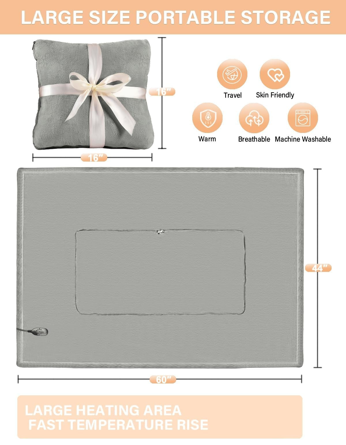 Sino Salected car heated blanket in flannel, portable 12V/24V travel blanket, 60x44 inches, shown spread on car seat.