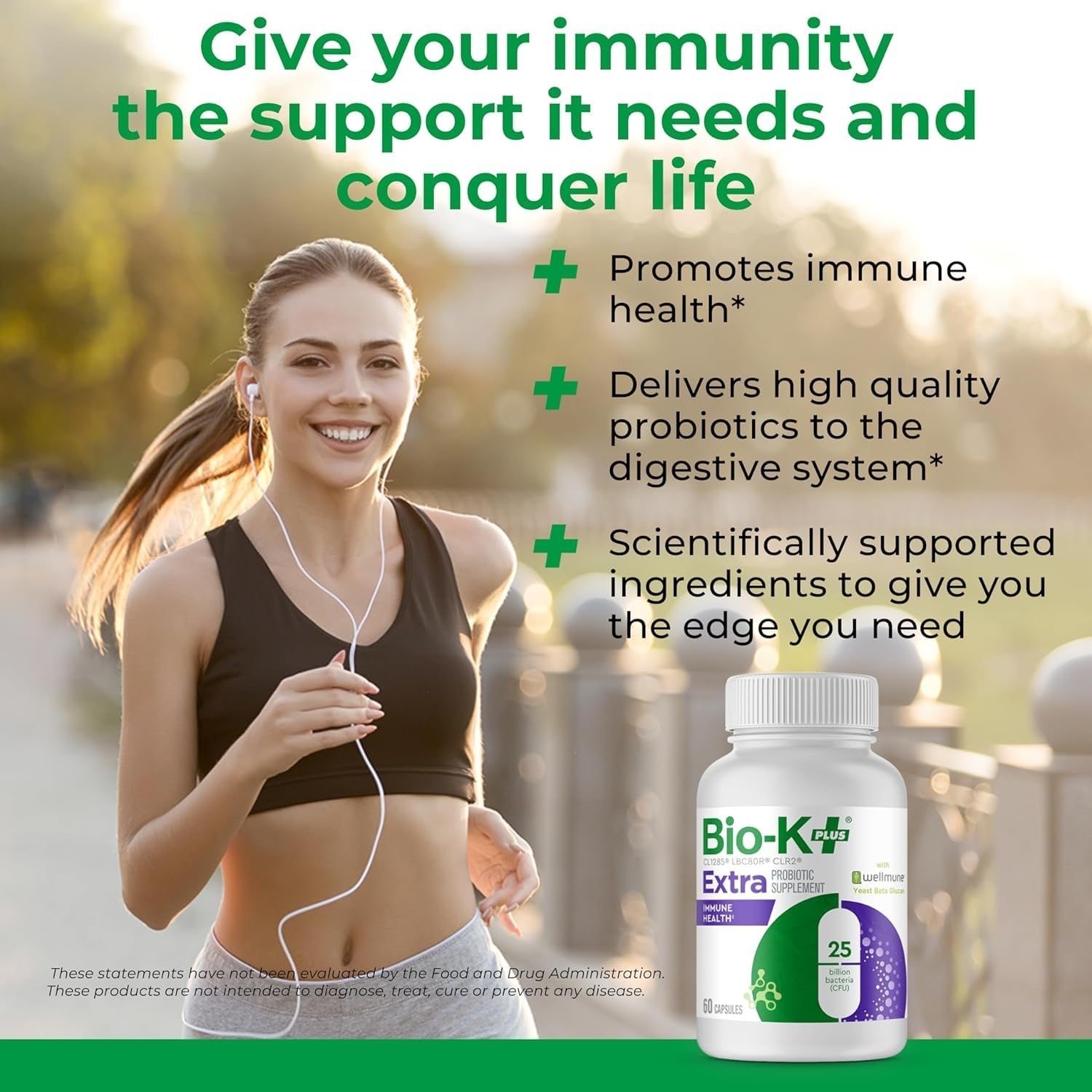 Bio K+ Vegan Probiotics supplement with Wellmune, featuring 25 billion CFUs for immune health, shown in a bottle with capsules.