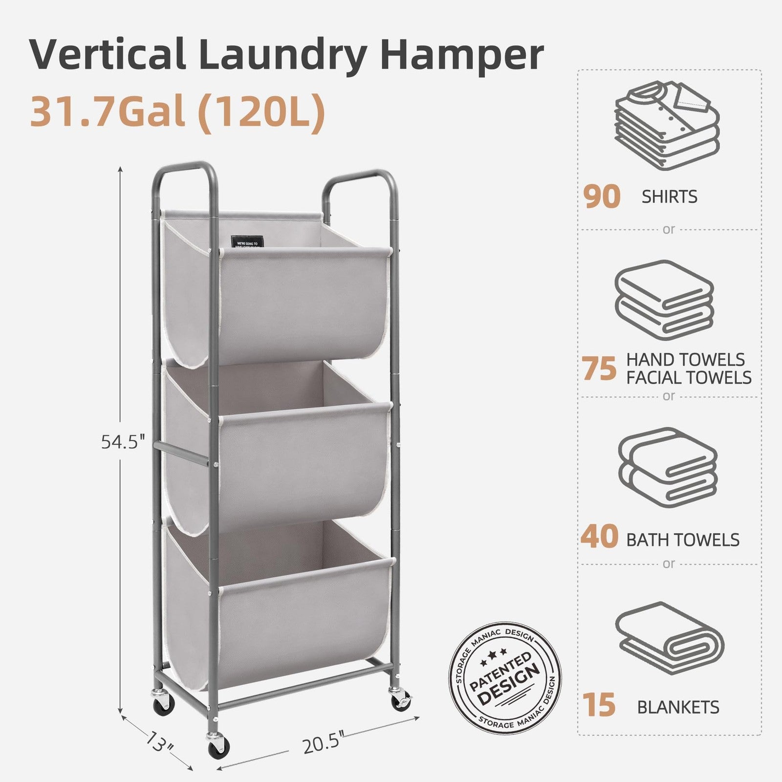 Storage Maniac 120L vertical rolling laundry hamper with three compartments, featuring a sturdy metal frame and easy-to-move wheels.